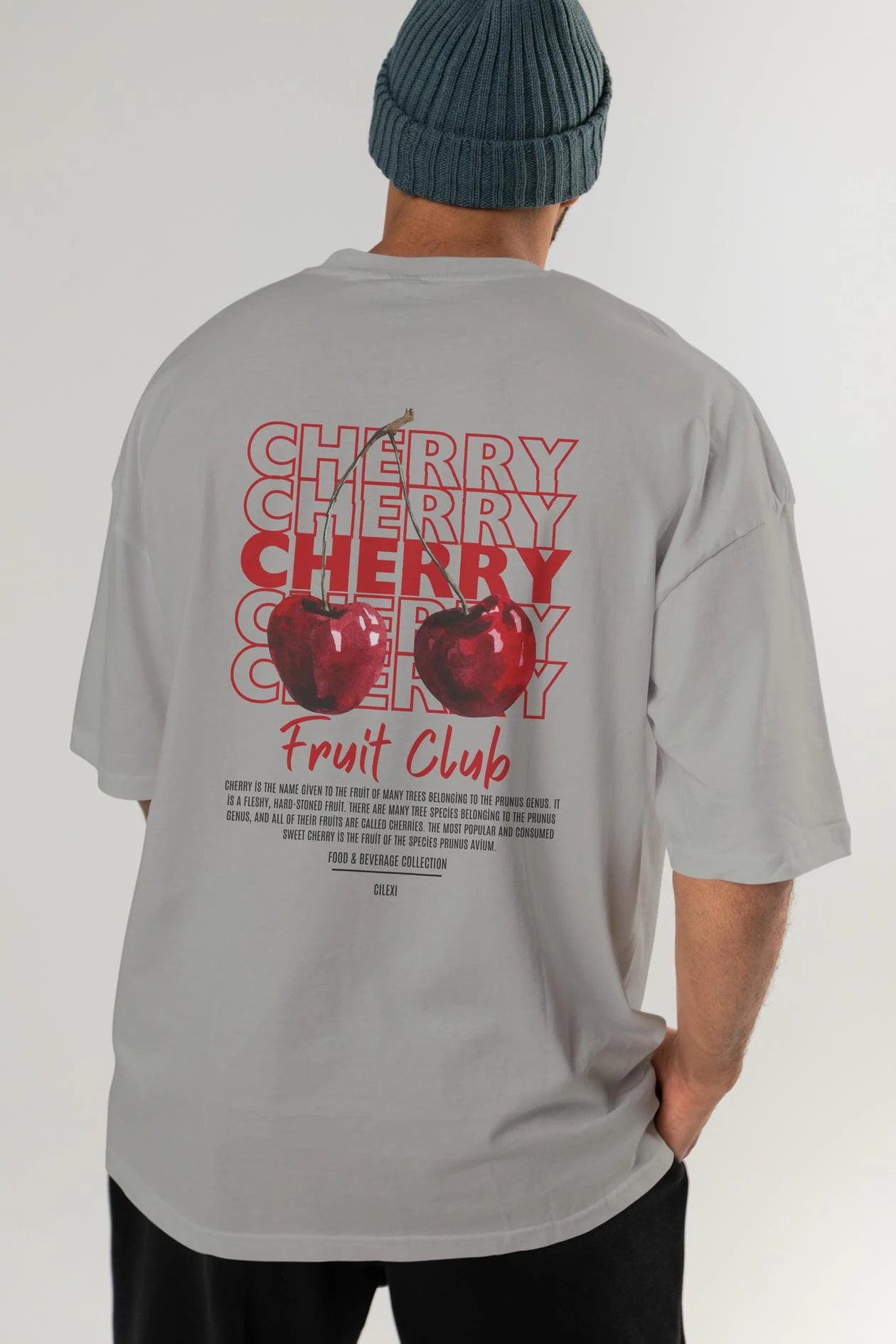 Cherry Arka Baskılı Oversize t-shirt Erkek Kadın Pamuk Bisiklet Yaka tişort