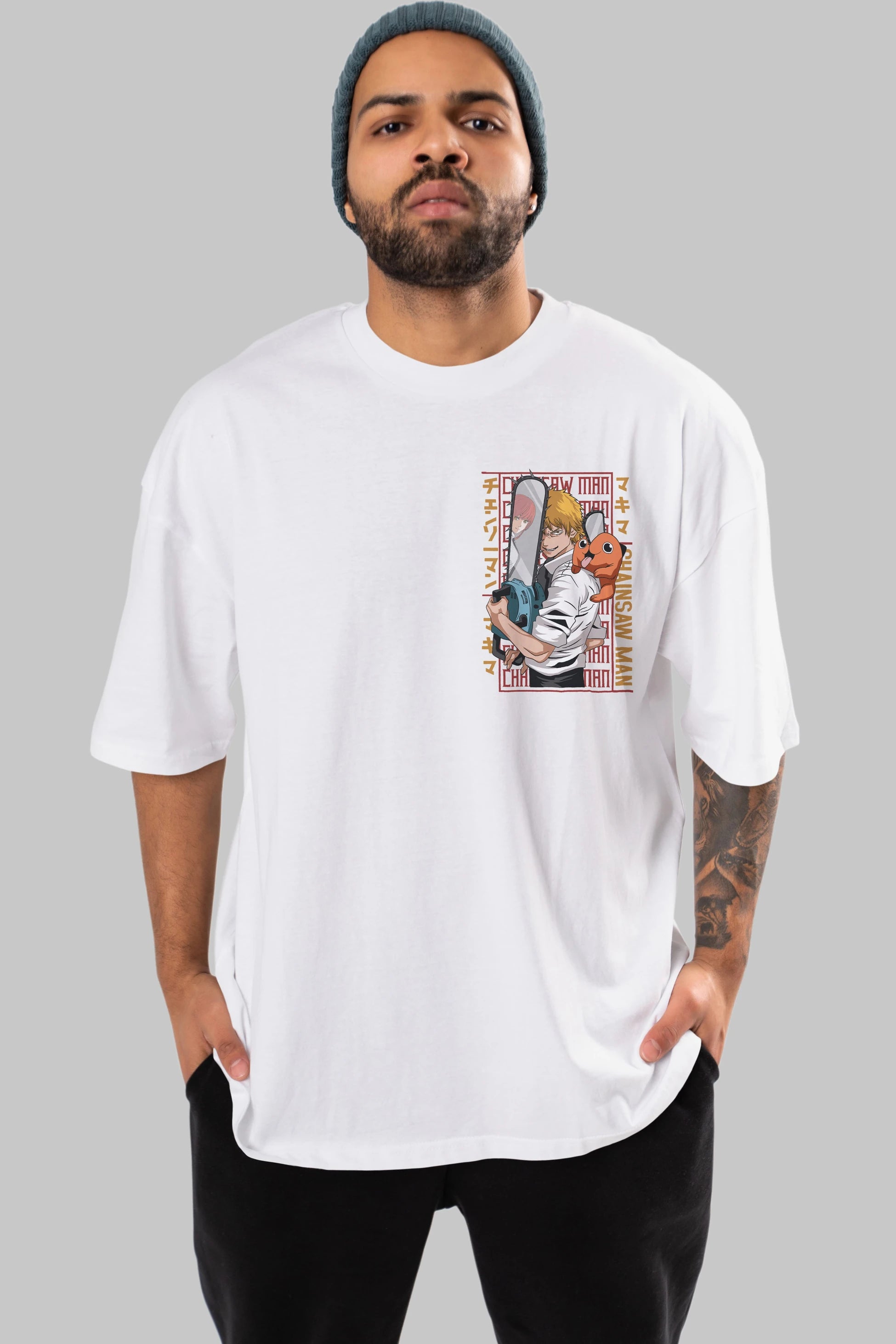 Chainsaw DENJI Ön Sol Baskılı Oversize t-shirt Erkek Kadın Unisex %100 Pamuk Bisiklet Yaka tişort