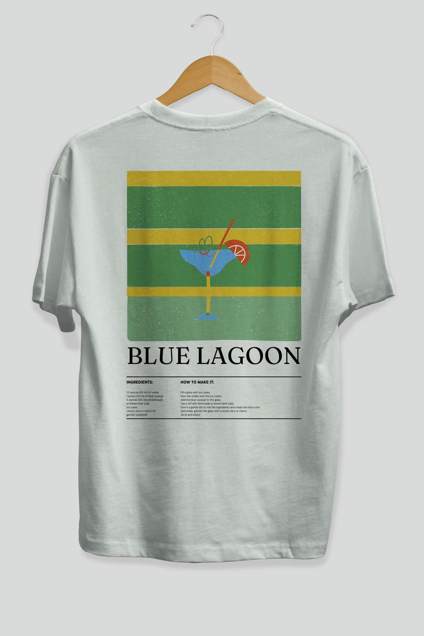 Blue Lagoon Kokteyl Serisi Arka Baskılı Oversize t-shirt Erkek Kadın %100 Pamuk Bisiklet Yaka tişort