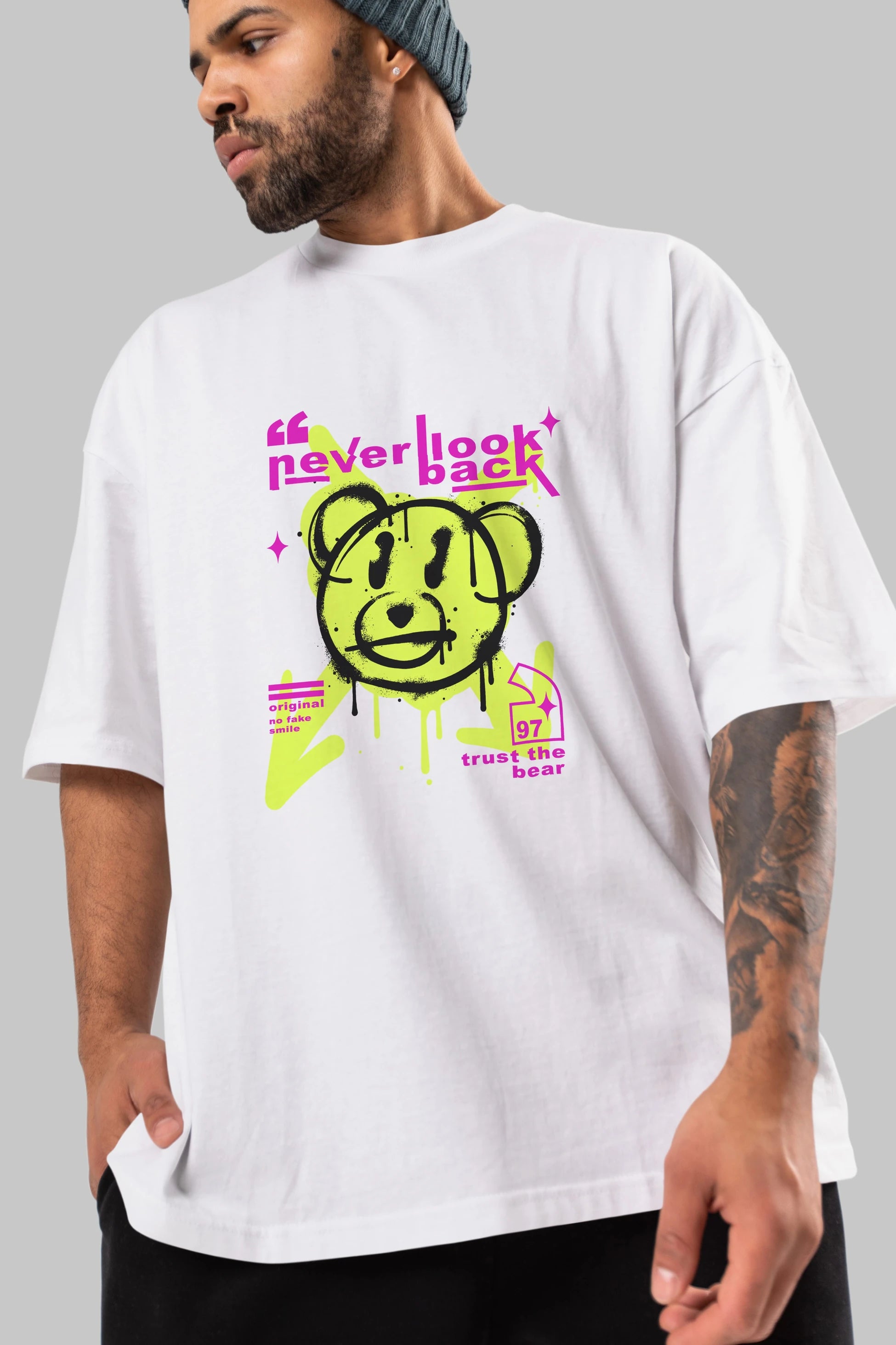 Never Look Back Bear Ön Baskılı Oversize t-shirt Erkek Kadın Unisex
