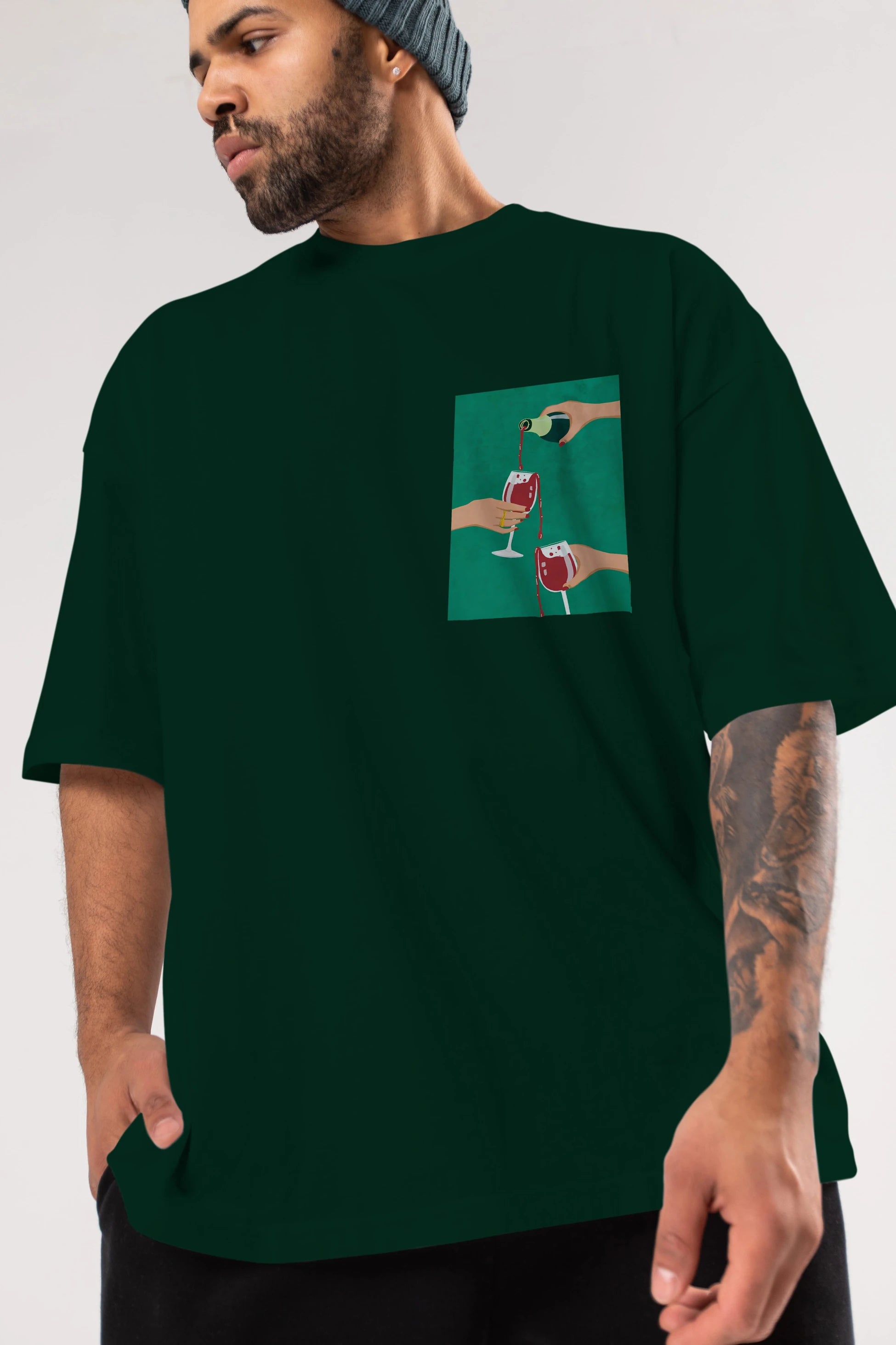 Wine 2 Ön Sol Baskılı Oversize t-shirt Erkek Kadın Unisex %100 Pamuk Bisiklet Yaka tişort