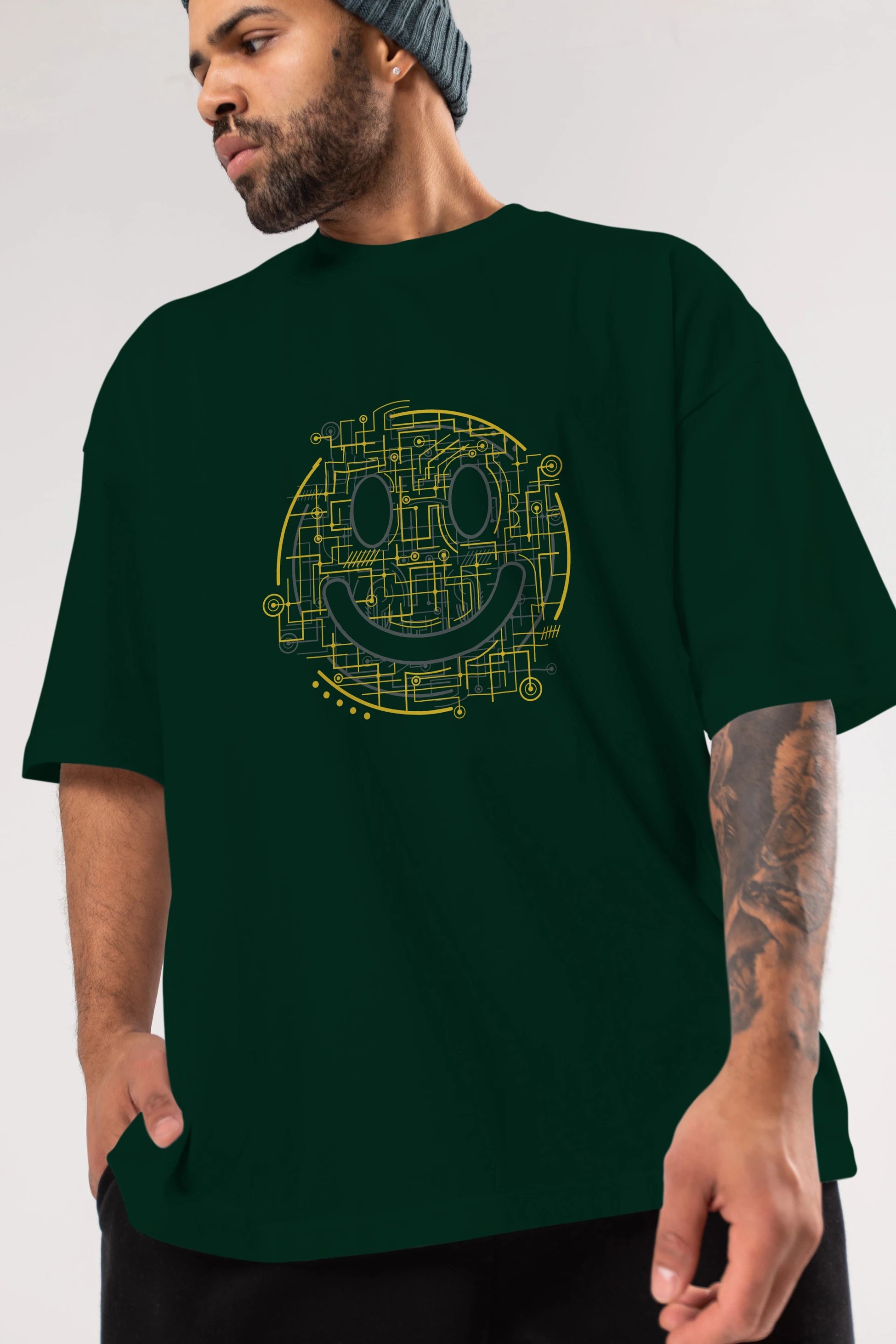 Electric Smiley Ön Baskılı Oversize t-shirt %100 pamuk Erkek Kadın Unisex