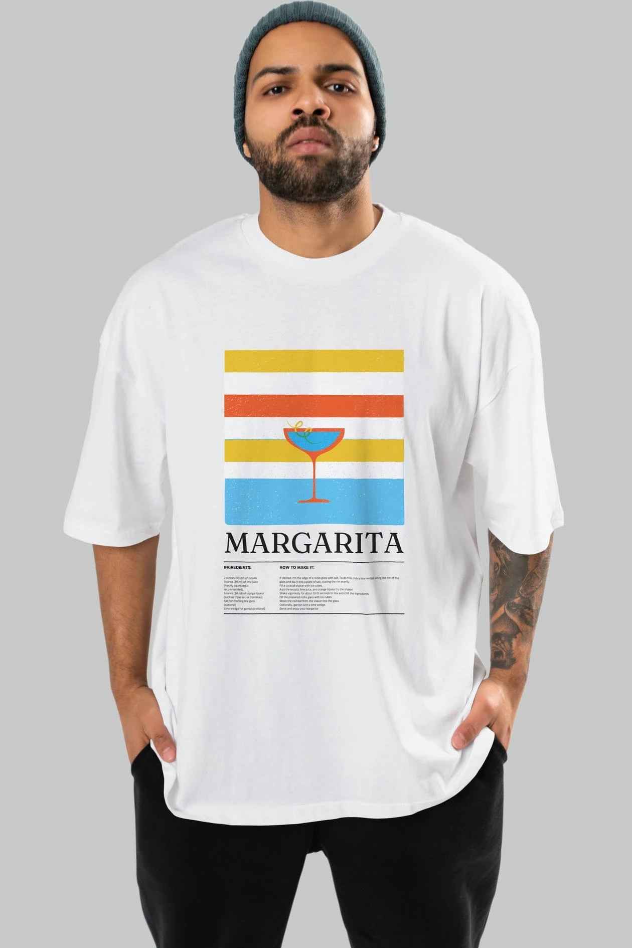 Margarita Kokteyl Ön Baskılı Oversize t-shirt Erkek Kadın %100 Pamuk Bisiklet Yaka tişort