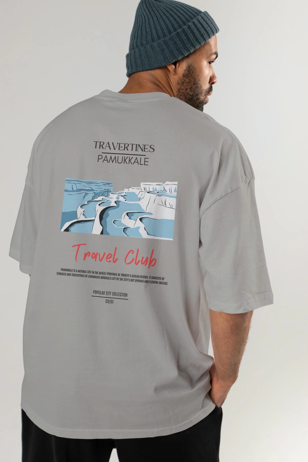Travertines Pamukkale Arka Baskılı Oversize t-shirt Erkek Kadın Pamuk Bisiklet Yaka tişort
