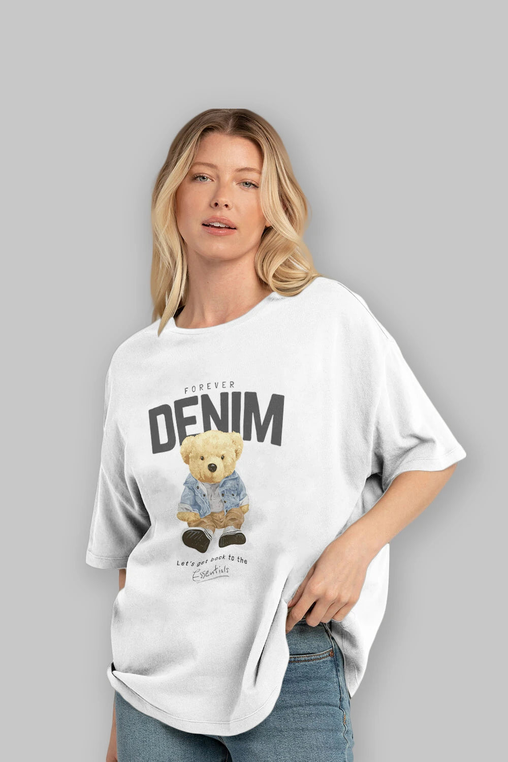 Teddy Bear Forever Denim Ön Baskılı Oversize t-shirt Erkek Kadın Unisex %100 Pamuk