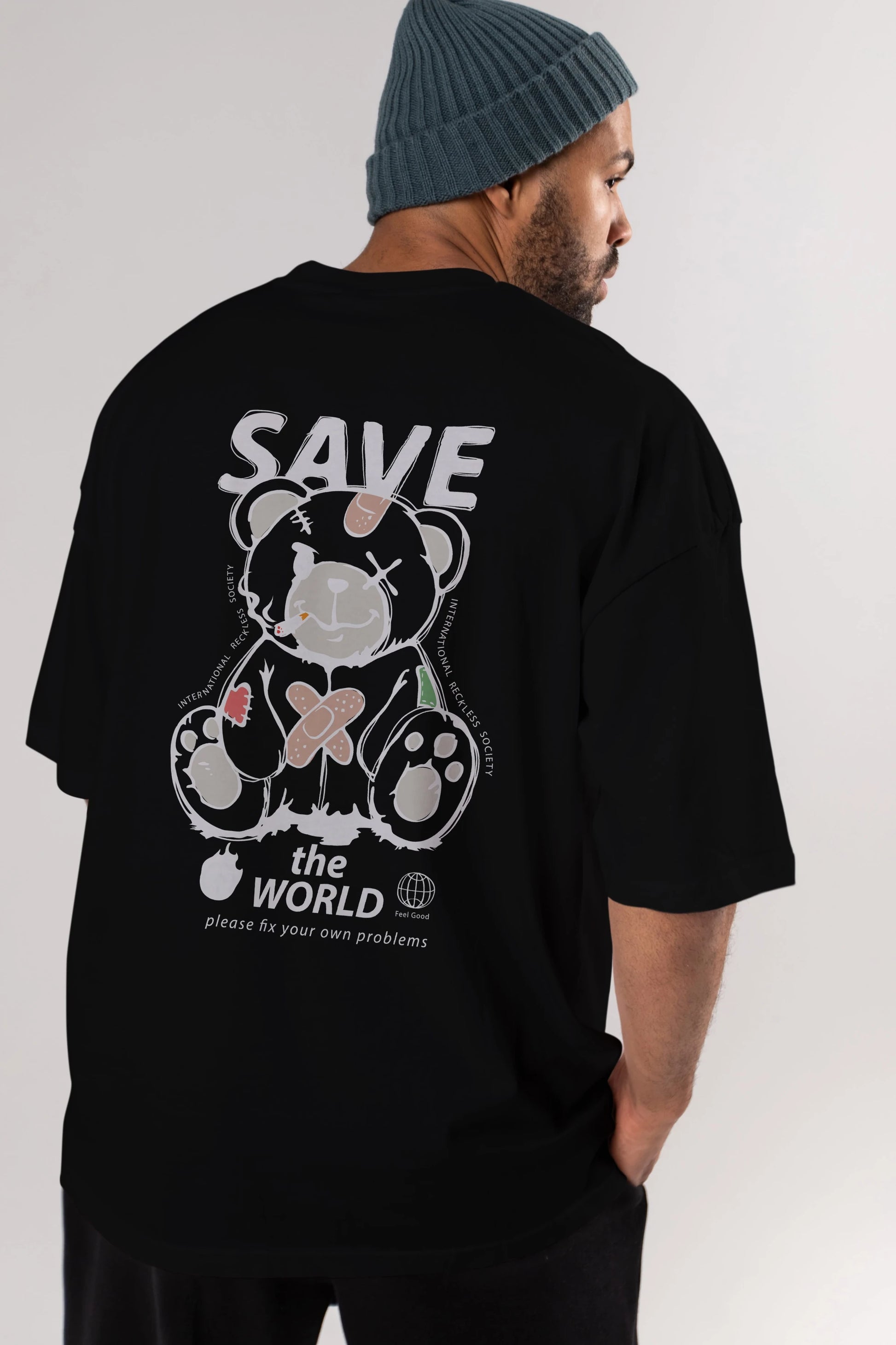 Save the World Bear Arka Baskılı Oversize t-shirt Erkek Kadın Unisex