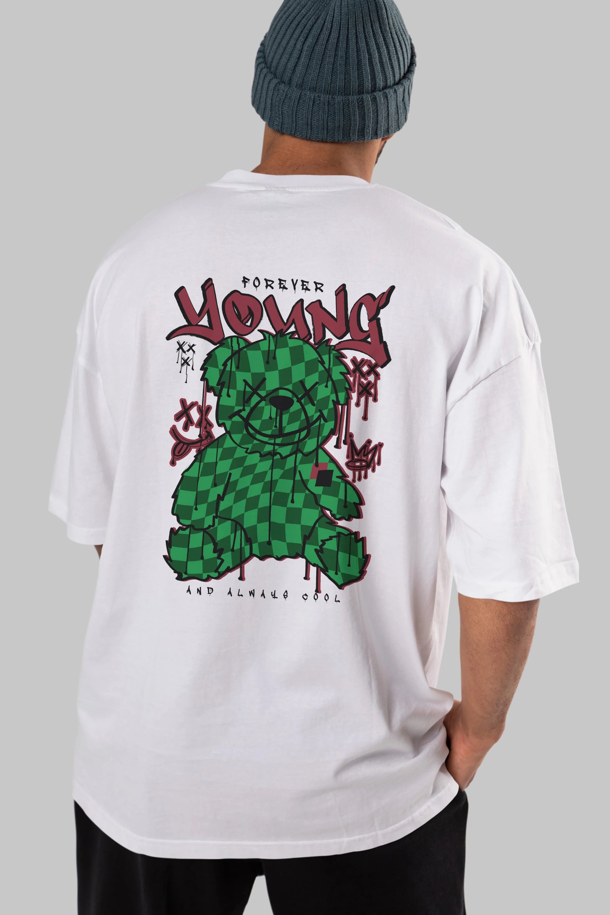 Young and Always Cool Bear Arka Baskılı Oversize t-shirt Erkek Kadın Unisex