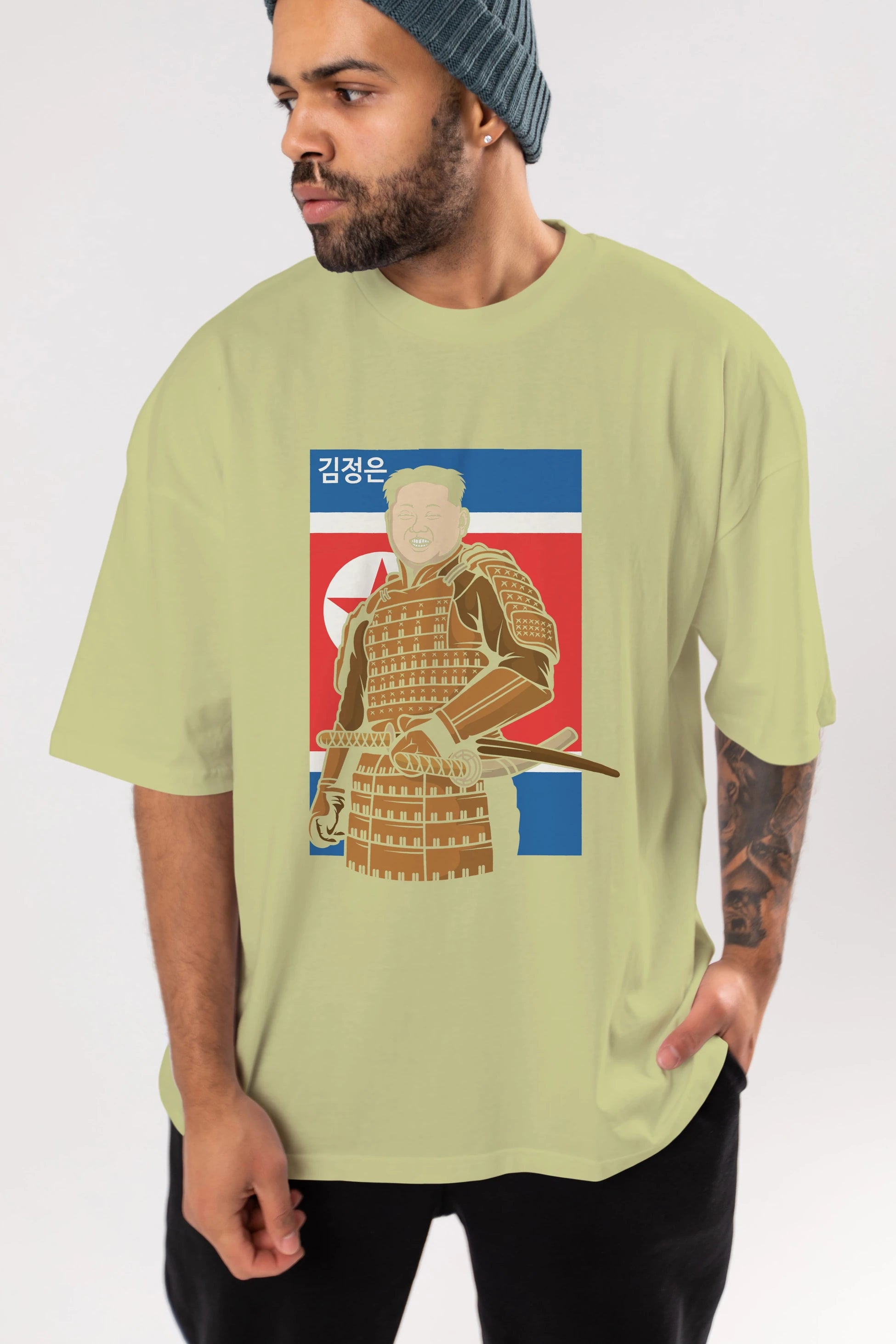 Samurai Jong Un Ön Baskılı Oversize t-shirt Erkek Kadın Unisex %100 Pamuk tişort