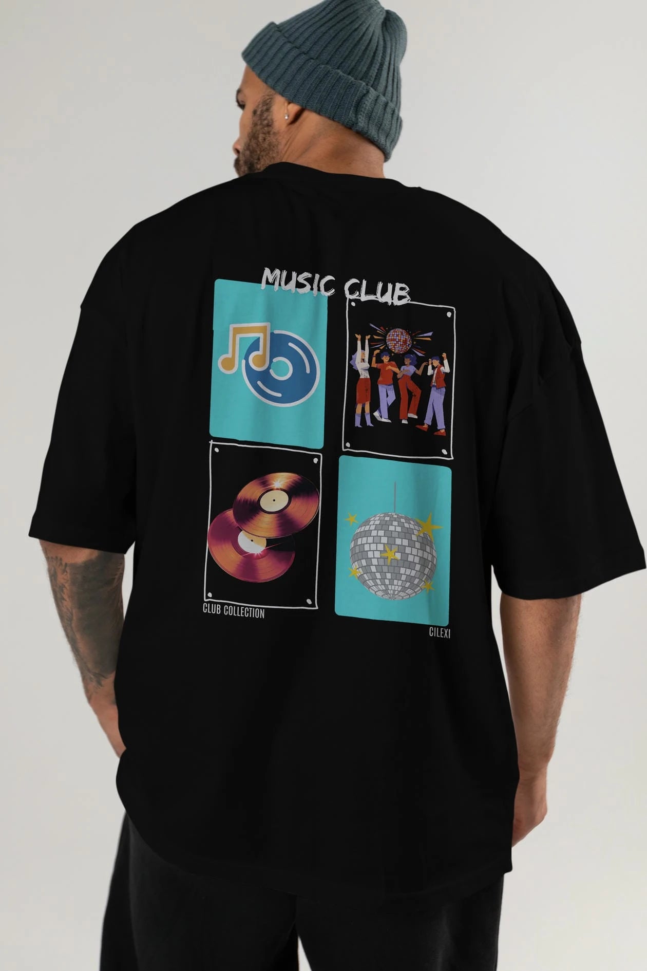 Music Club Arka Baskılı Oversize t-shirt Erkek Kadın %100 Pamuk Bisiklet Yaka tişort