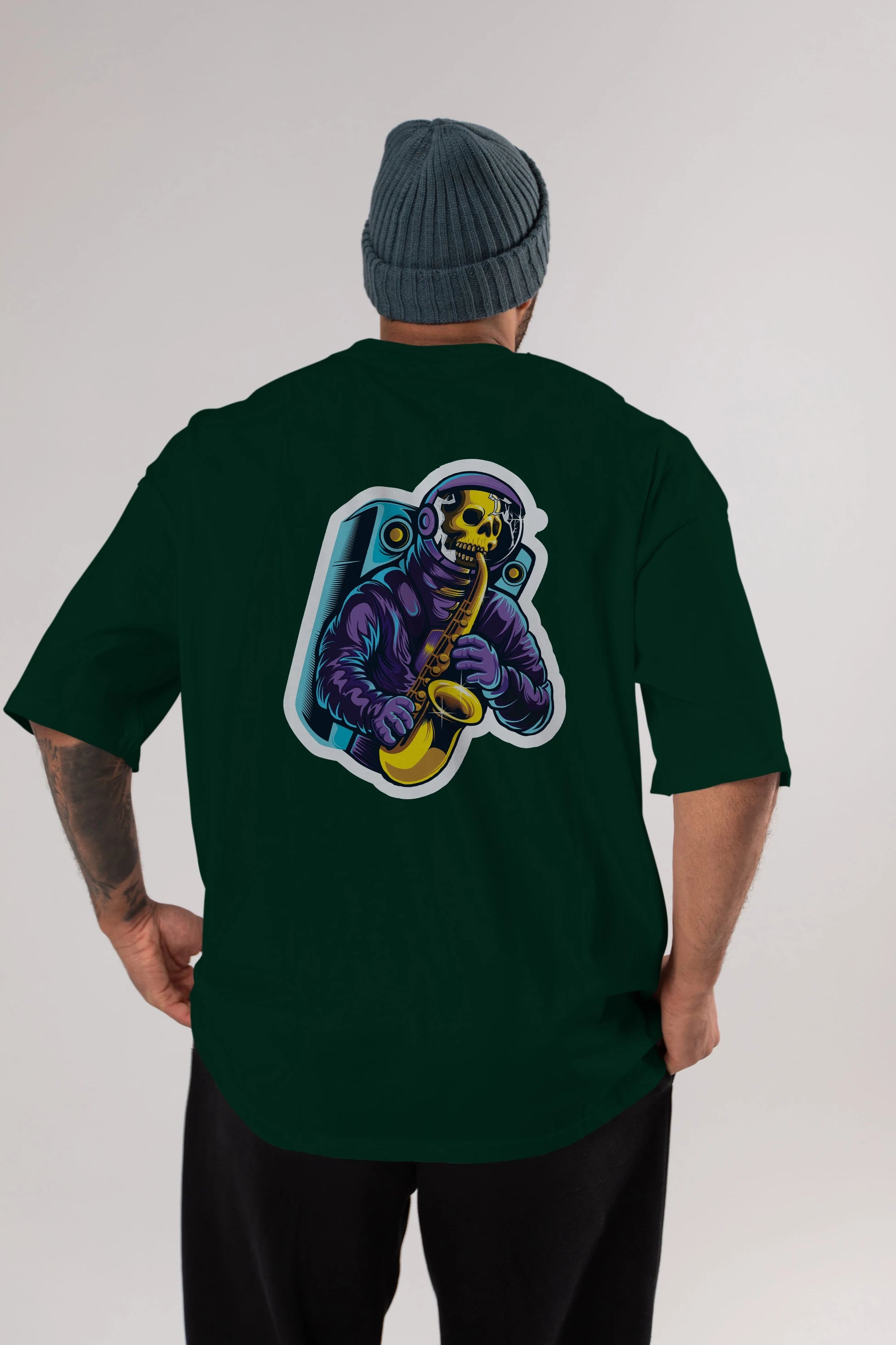 Astroskull Saxophonist Sticker Arka Baskılı Oversize t-shirt Erkek Kadın Unisex