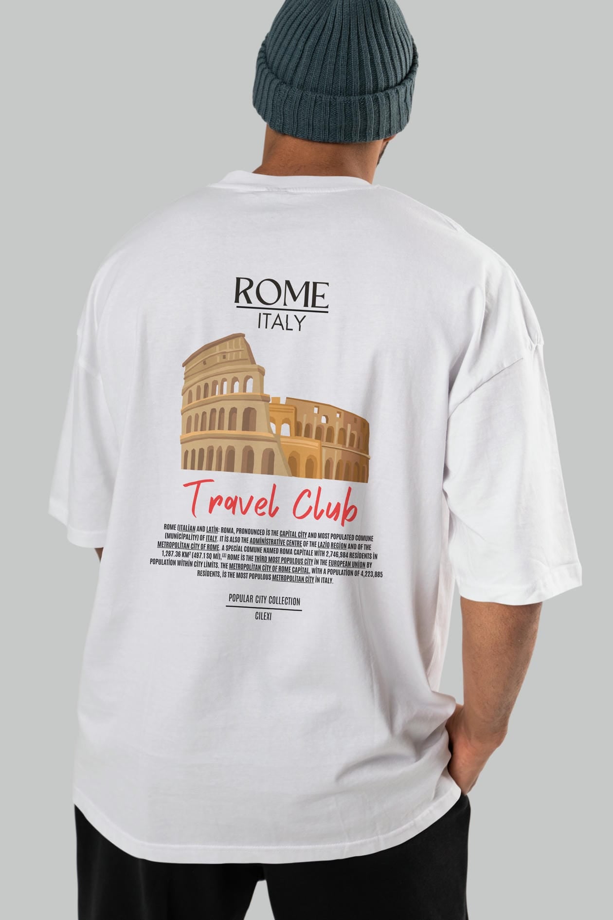 Roma İtaly Arka Baskılı Oversize t-shirt Erkek Kadın Pamuk Bisiklet Yaka tişort