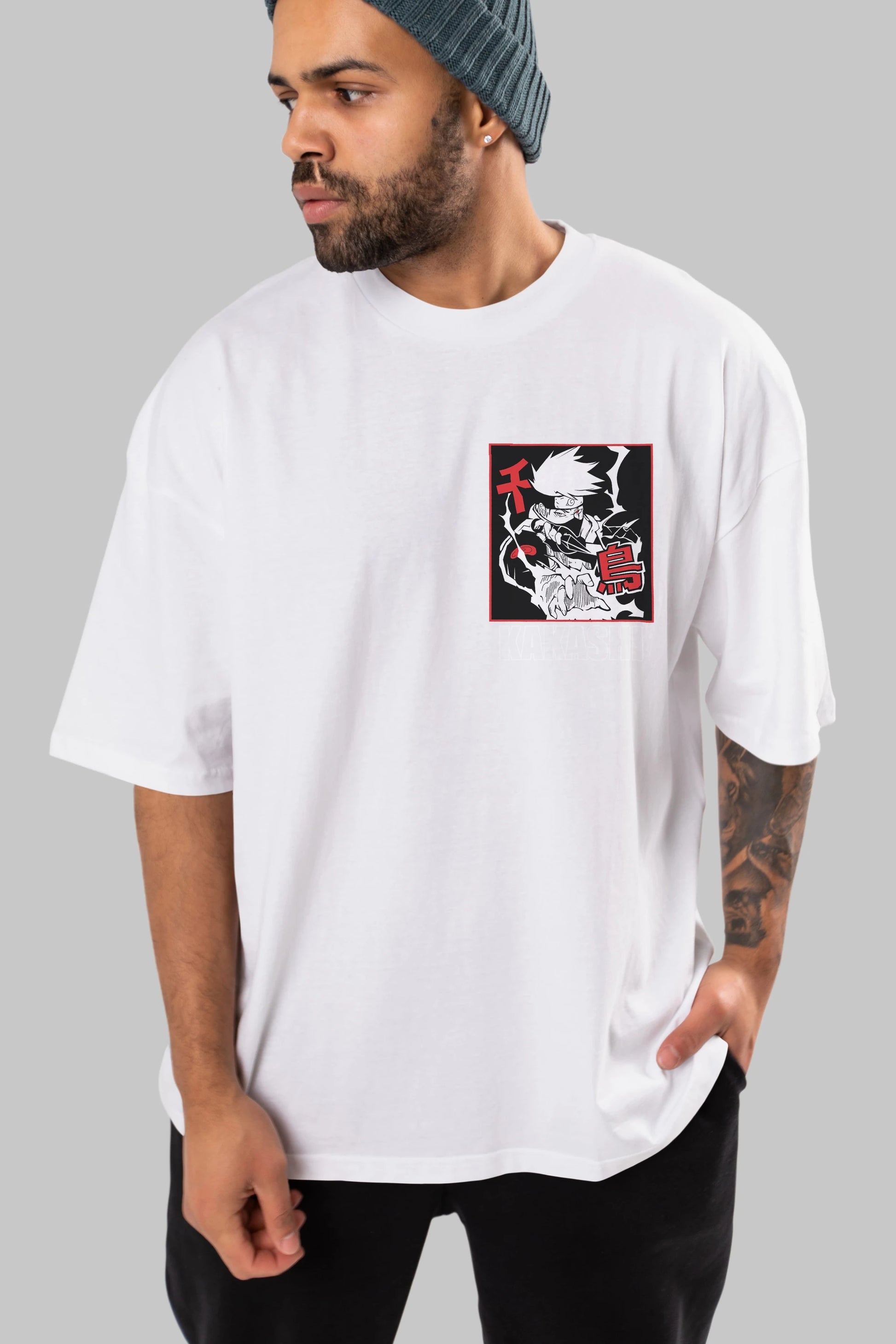 KAKASHI HATAKE NARUTO Ön Sol Baskılı Oversize t-shirt Erkek Kadın Unisex %100 Pamuk Bisiklet Yaka tişort