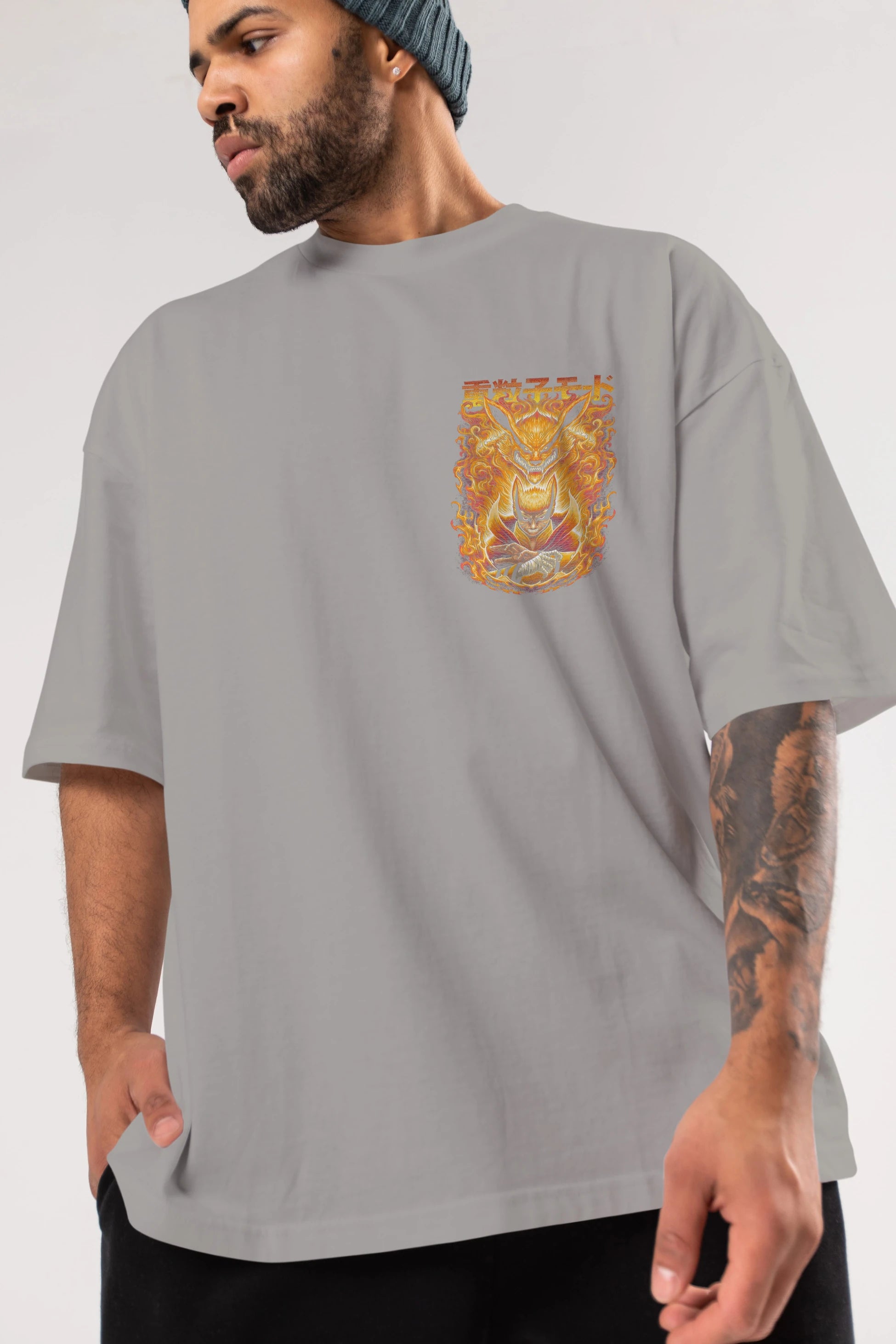 NARUTO KYUUBI 1 Ön Sol Baskılı Oversize t-shirt Erkek Kadın Unisex %100 Pamuk Bisiklet Yaka tişort