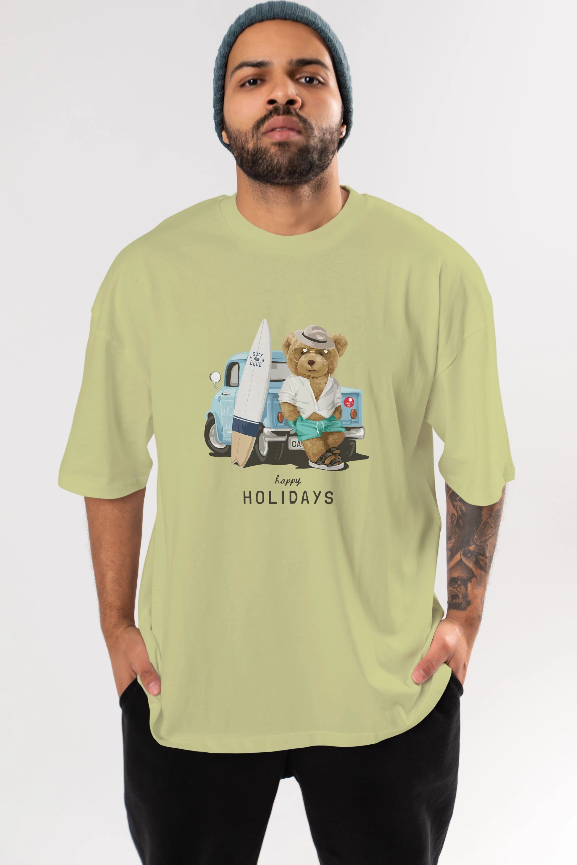 Teddy Bear Surf Club Ön Baskılı Oversize t-shirt Erkek Kadın Unisex %100 Pamuk