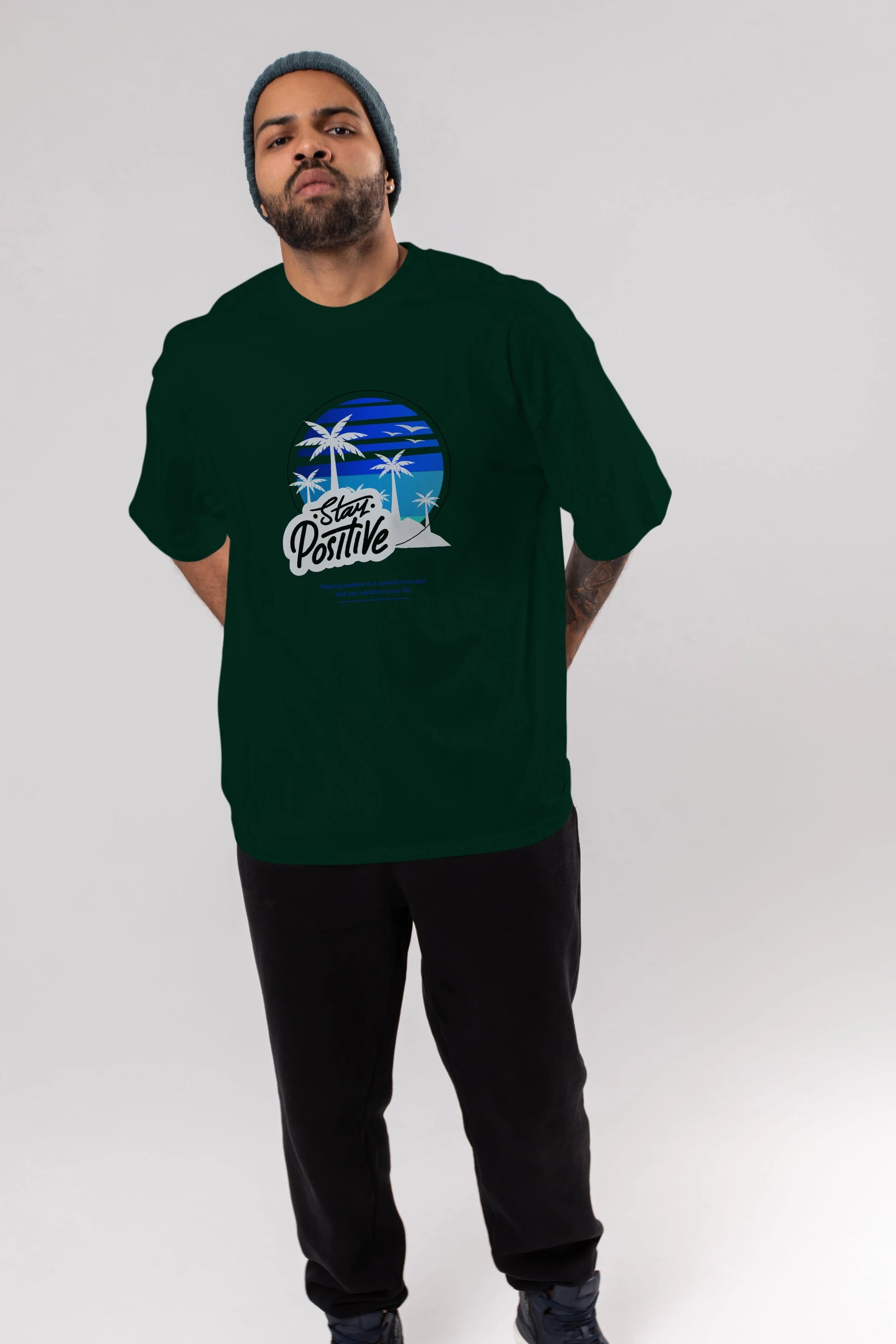 Stay Positive Yazılı Ön Baskılı Oversize t-shirt Erkek Kadın Unisex