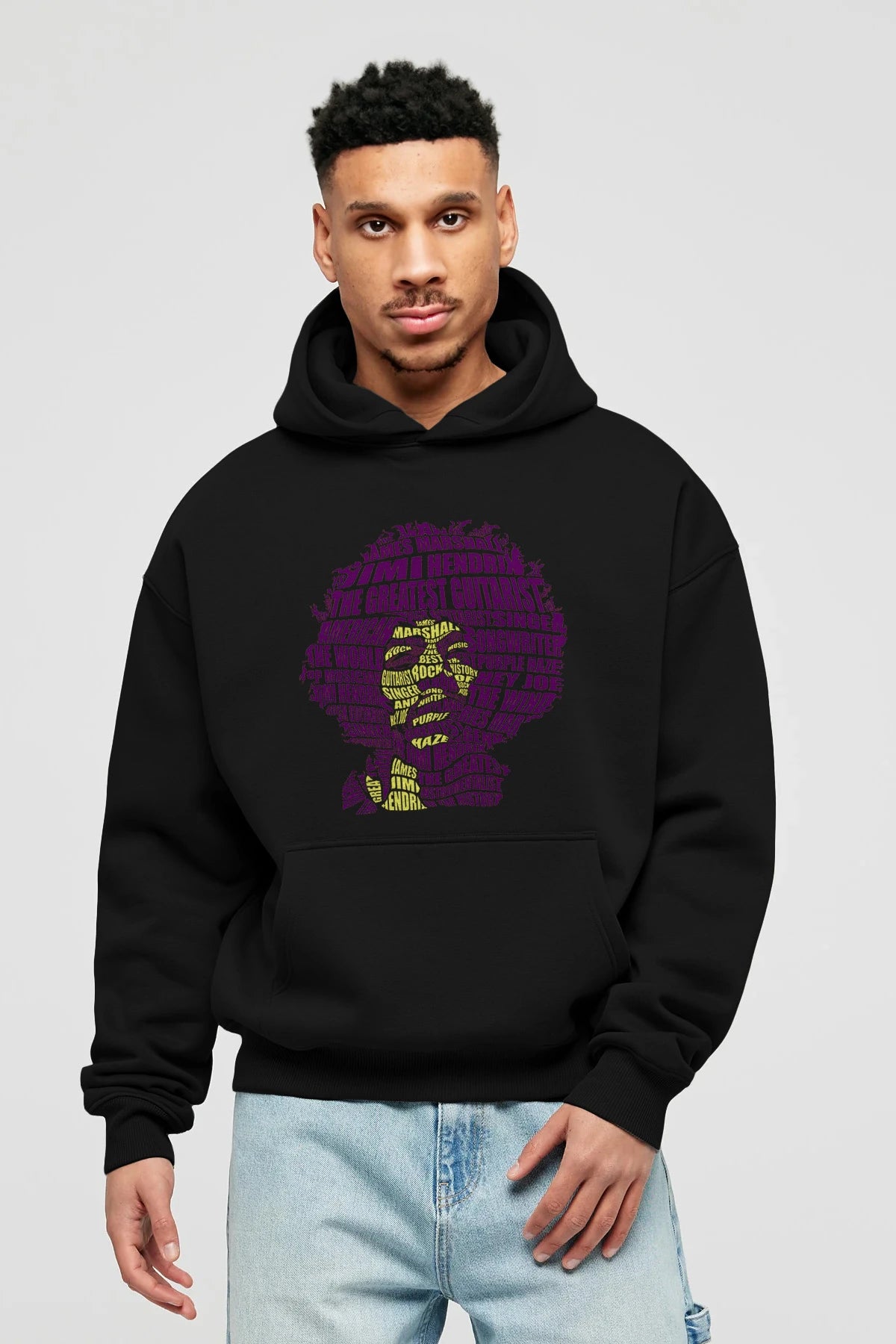 Jimmy Hendrix Calligram Ön Baskılı Hoodie Oversize Kapüşonlu Sweatshirt Erkek Kadın Unisex
