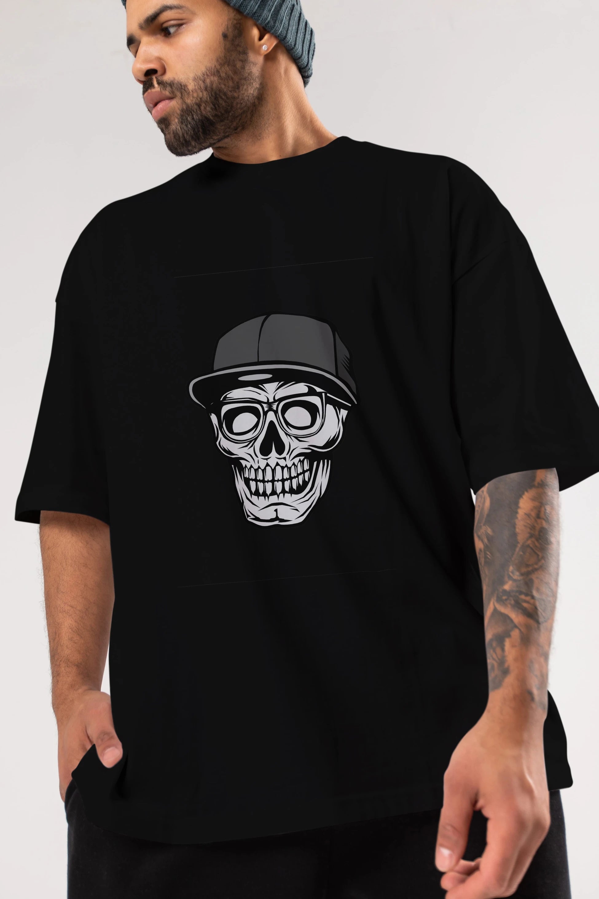 Skull With Hat Ön Baskılı Oversize t-shirt Erkek Kadın Unisex %100 Pamuk tişort