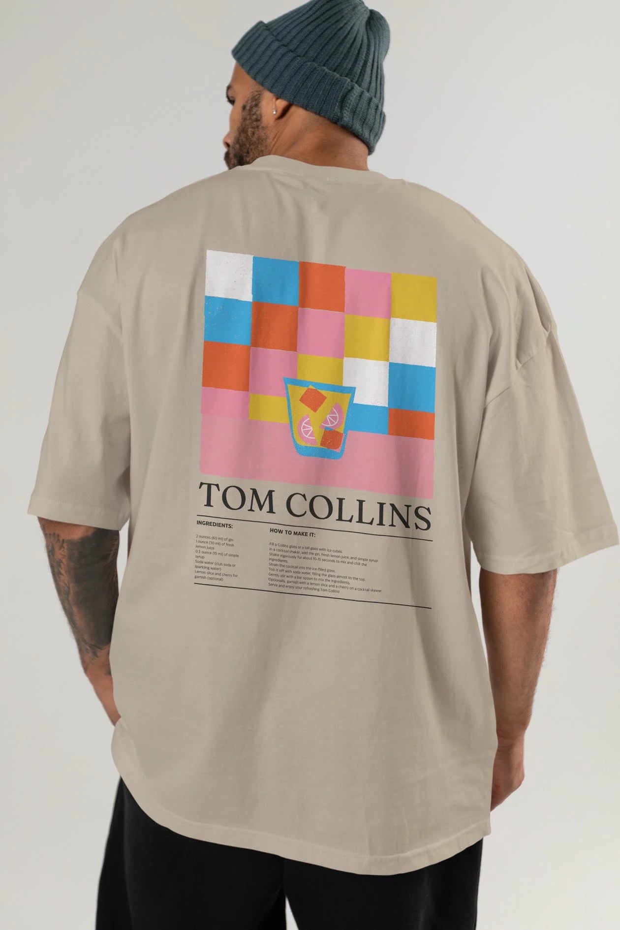 Tom Collins Kokteyl Serisi Arka Baskılı Oversize t-shirt Erkek Kadın %100 Pamuk Bisiklet Yaka tişort
