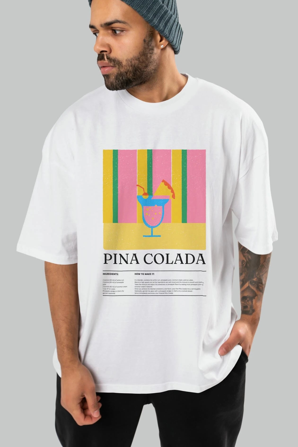 Pina Colada Kokteyl Ön Baskılı Oversize t-shirt Erkek Kadın %100 Pamuk Bisiklet Yaka tişort