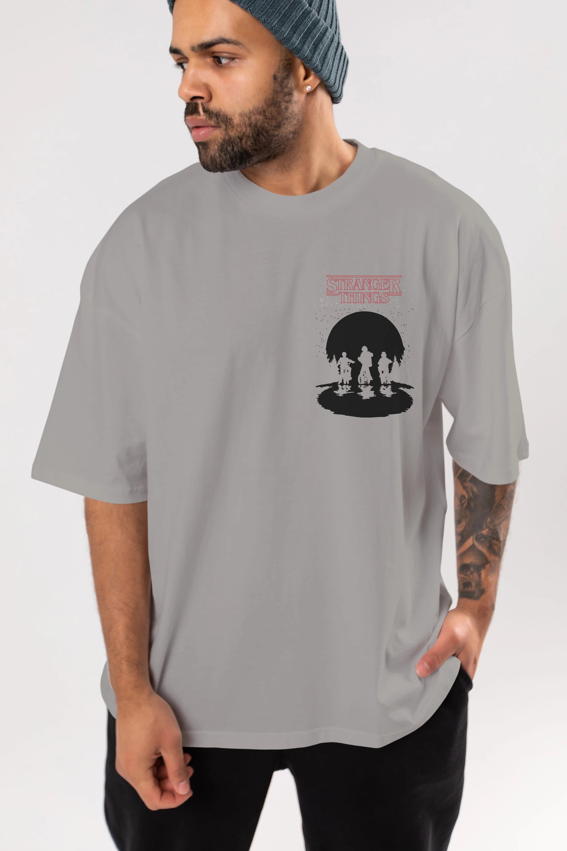 Stranger Things Ön Sol Baskılı Oversize t-shirt Erkek Kadın Unisex %100 Pamuk Bisiklet Yaka tişort