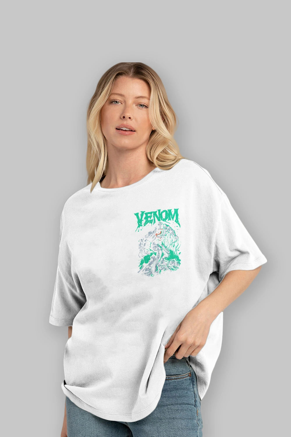 Venom (3) Ön Sol Baskılı Oversize t-shirt Erkek Kadın Unisex %100 Pamuk Bisiklet Yaka tişort