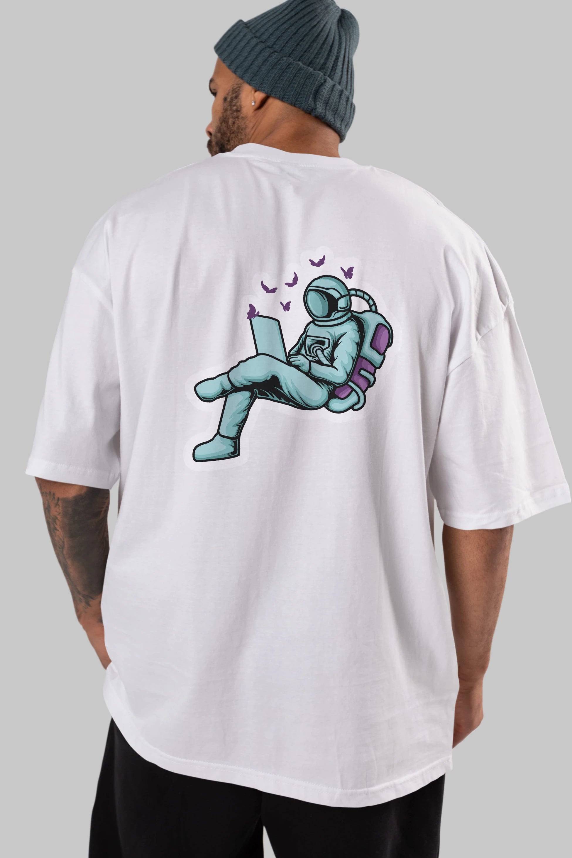 Work with Butterflies in Space Sticker Arka Baskılı Oversize t-shirt Erkek Kadın Unisex