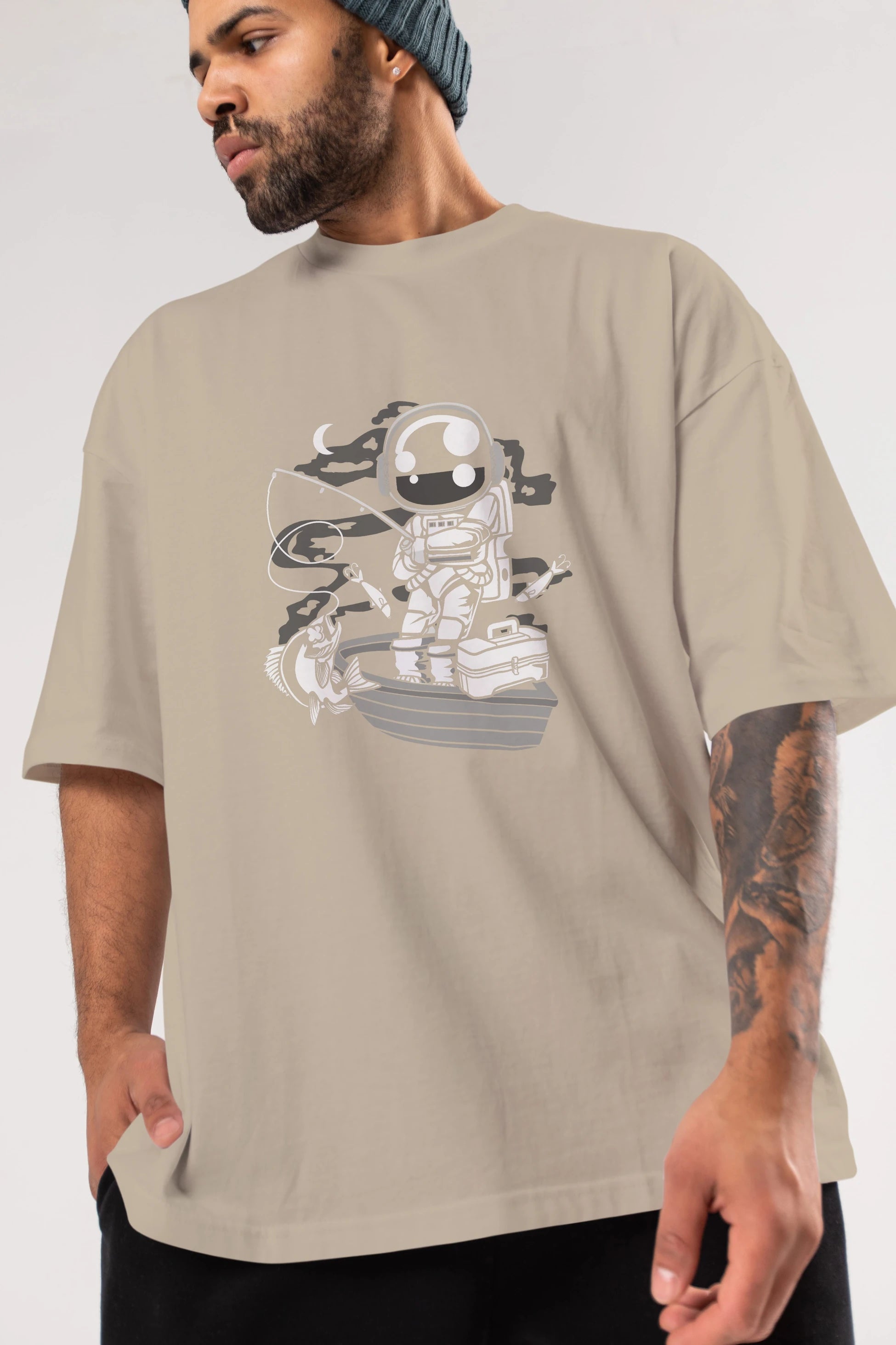 Astronaut Fisherman Ön Baskılı Oversize t-shirt Erkek Kadın Unisex