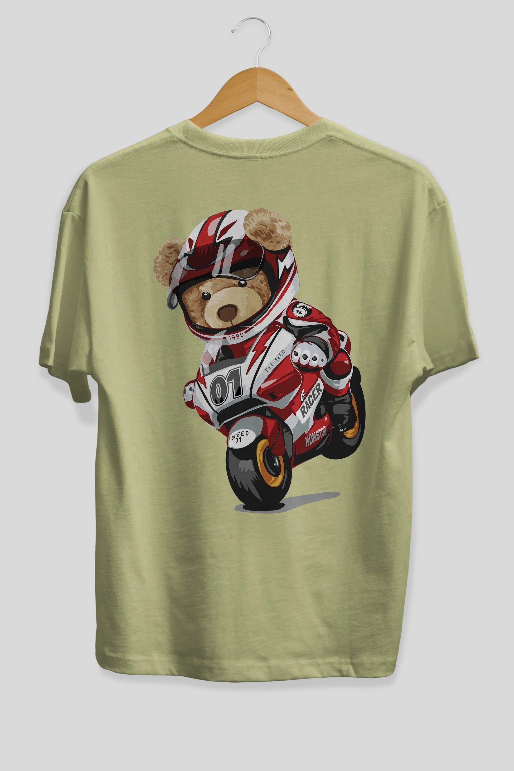 Teddy Bear Racer Arka Baskılı Oversize t-shirt Erkek Kadın Unisex %100 Pamuk