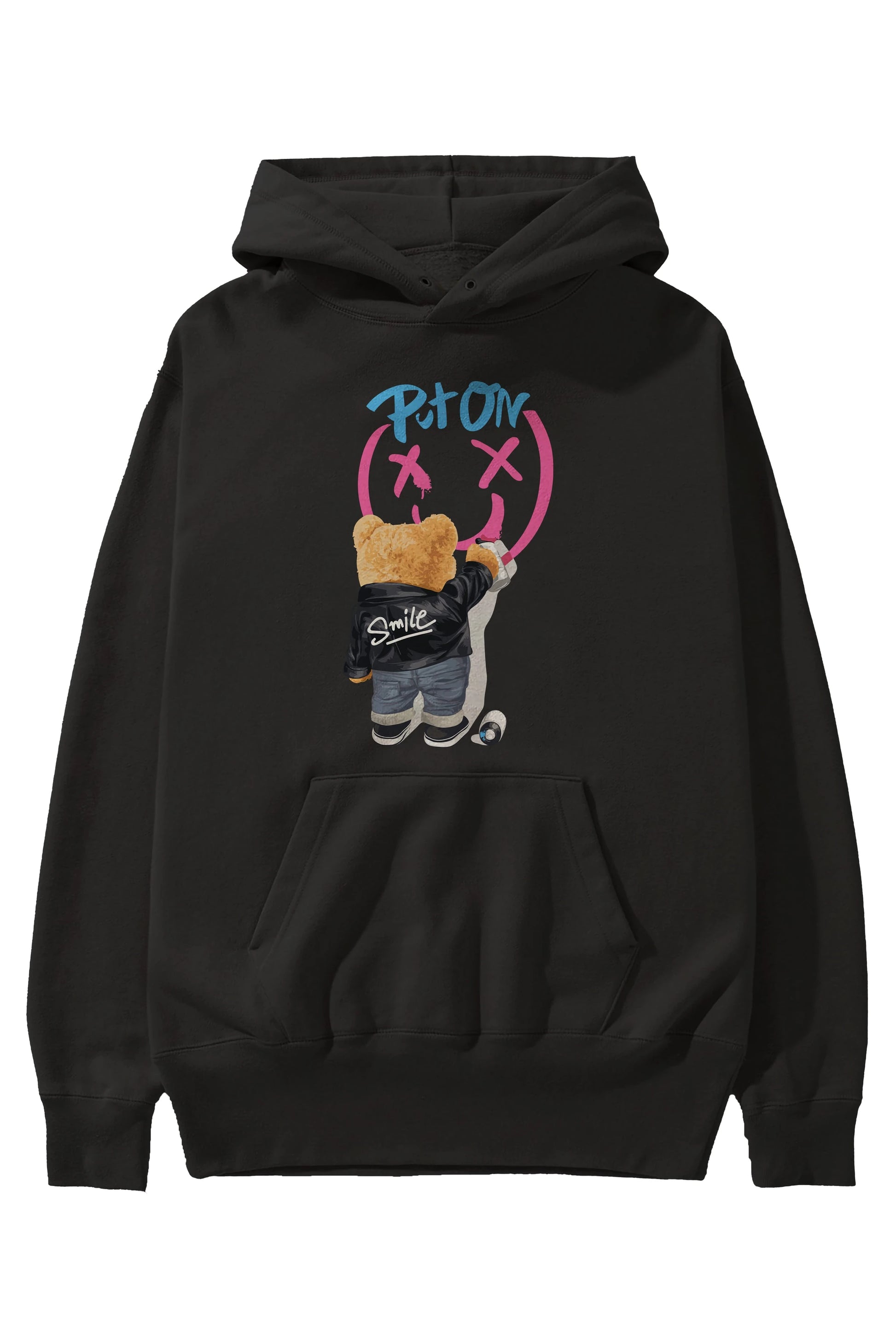 Put on Smile Bear Ön Baskılı Hoodie Oversize Kapüşonlu Sweatshirt Erkek Kadın Unisex