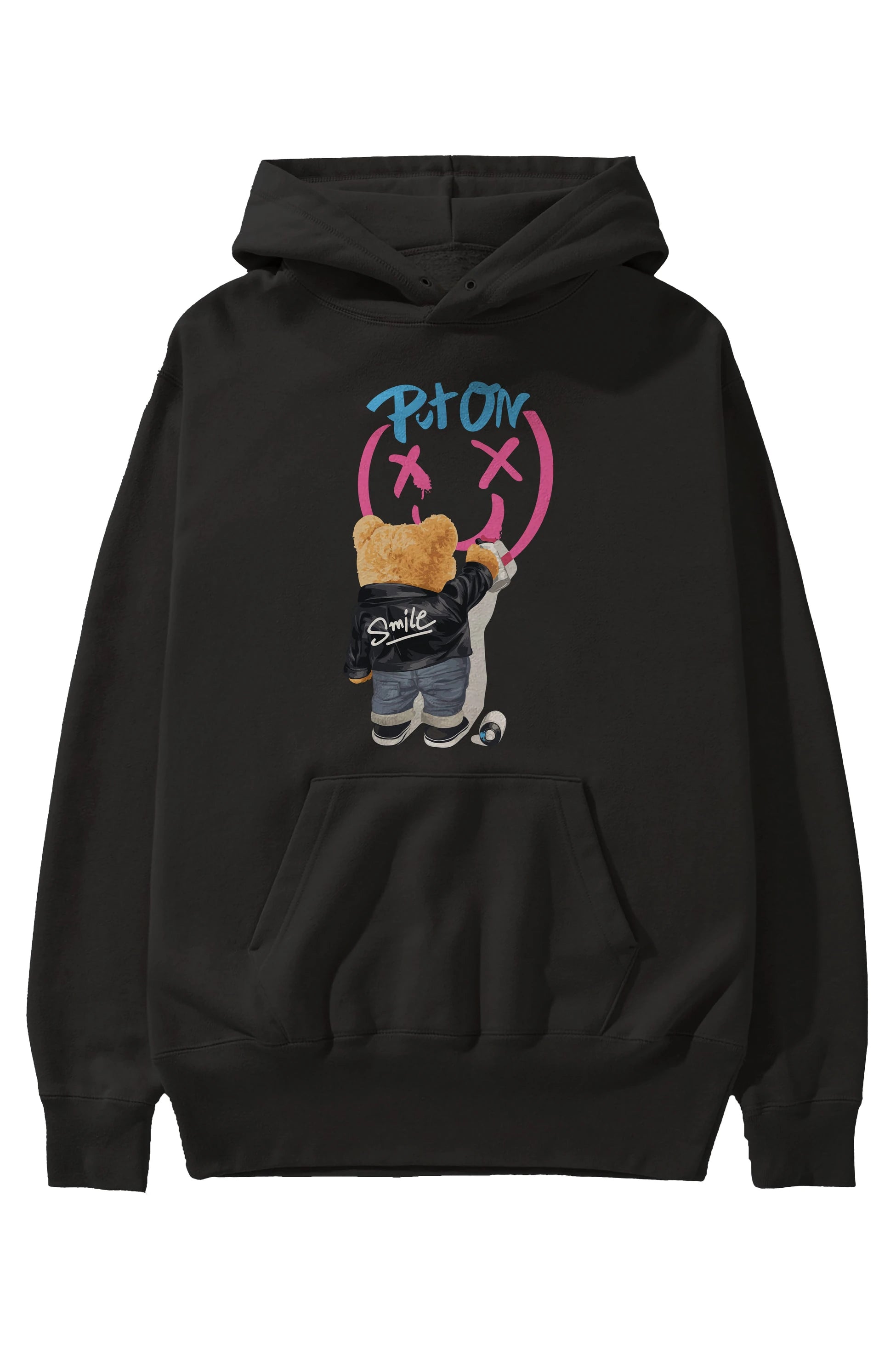 Put on Smile Bear Ön Baskılı Hoodie Oversize Kapüşonlu Sweatshirt Erkek Kadın Unisex