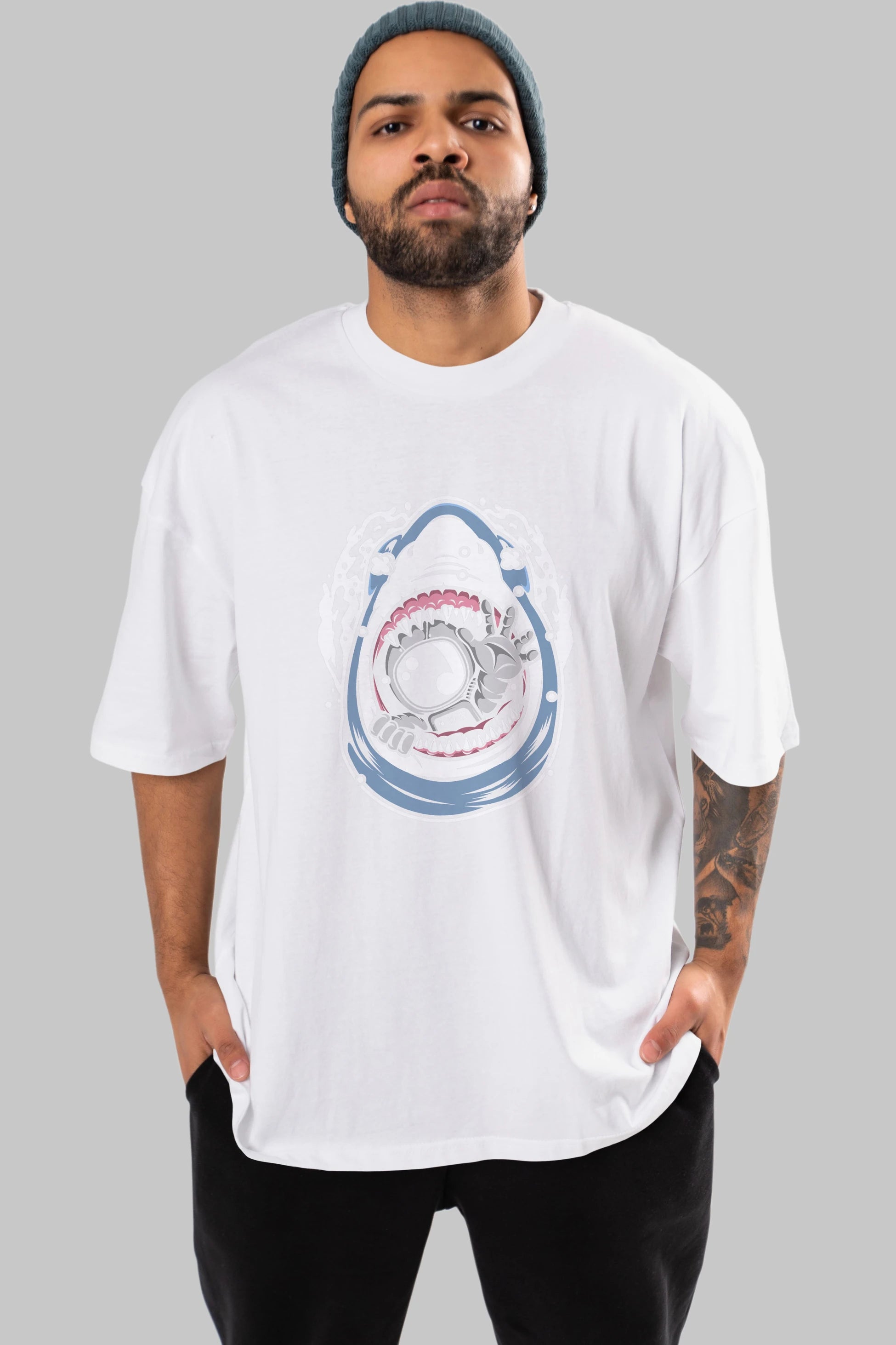 Astronaut Shark Ön Baskılı Oversize t-shirt Erkek Kadın Unisex