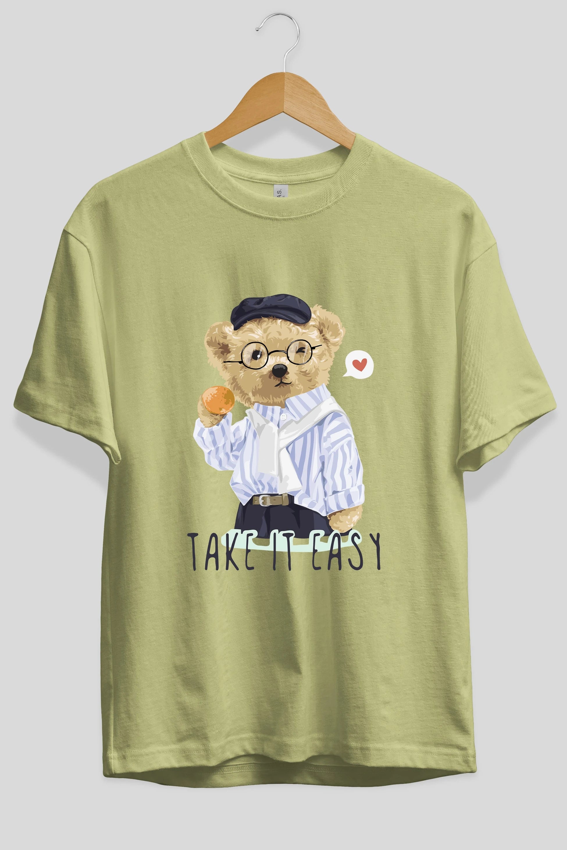 Teddy Bear Take it Easy Ön Baskılı Oversize t-shirt Erkek Kadın Unisex %100 Pamuk