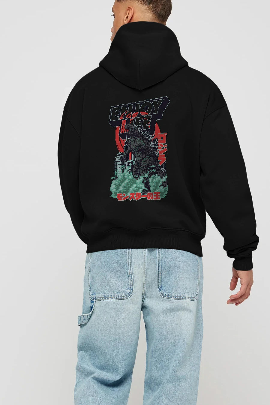 Godzilla Arka Baskılı Hoodie Oversize Kapüşonlu Sweatshirt Erkek Kadın Unisex