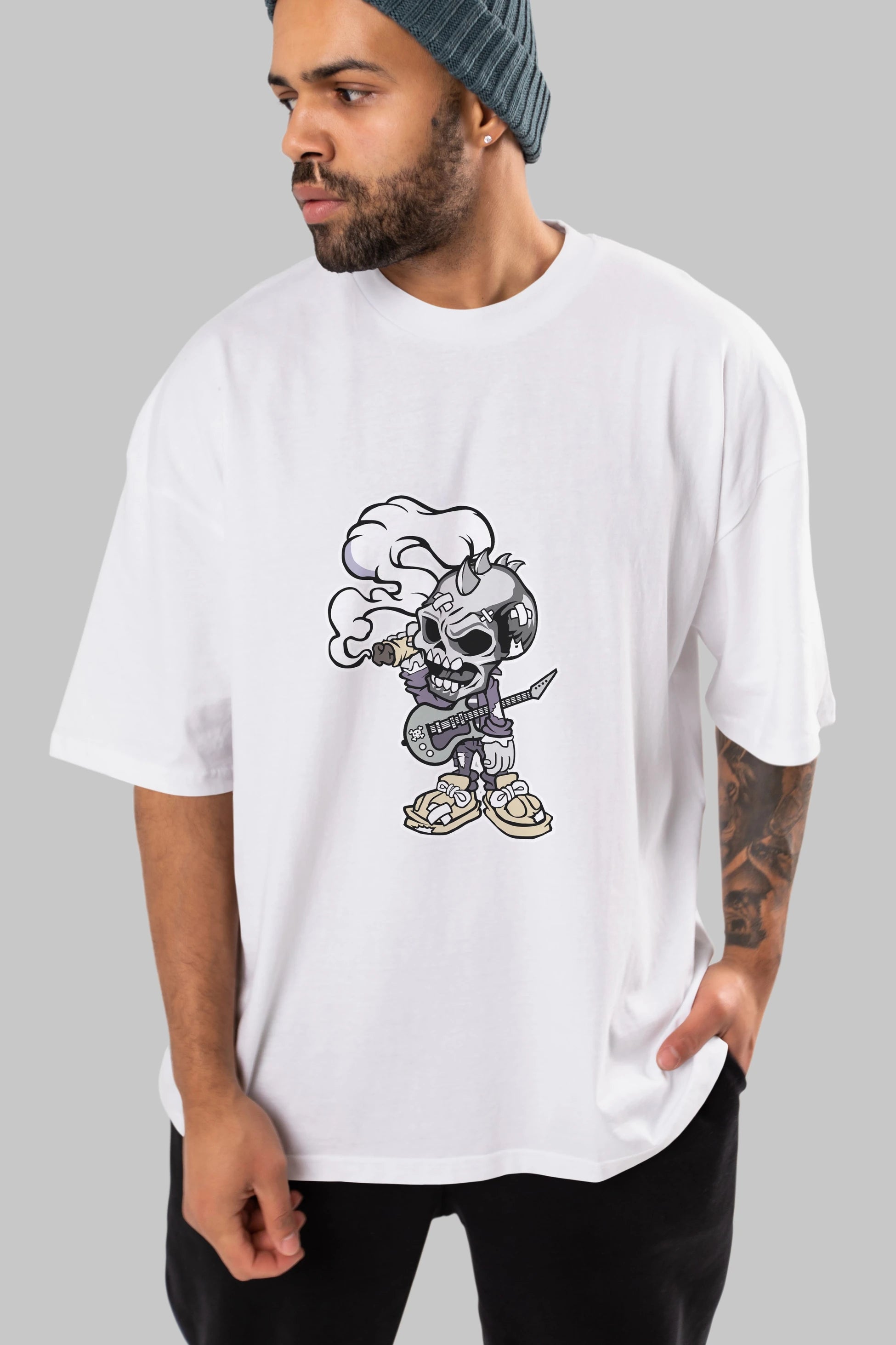 Skull Smoker Punk Rocker Ön Baskılı Oversize t-shirt Erkek Kadın Unisex %100 Pamuk tişort
