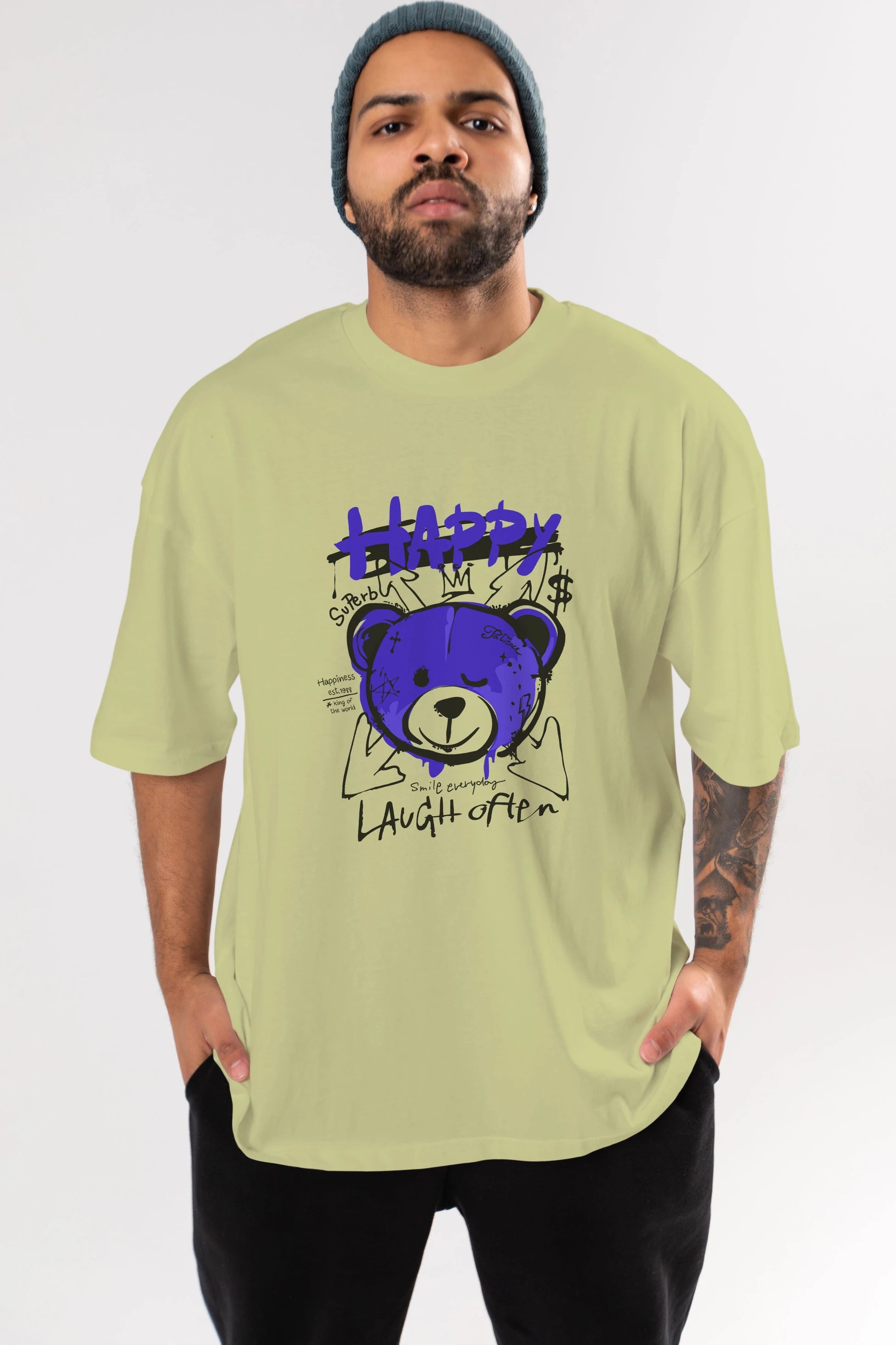 Happy Bear Ön Baskılı Oversize t-shirt Erkek Kadın Unisex