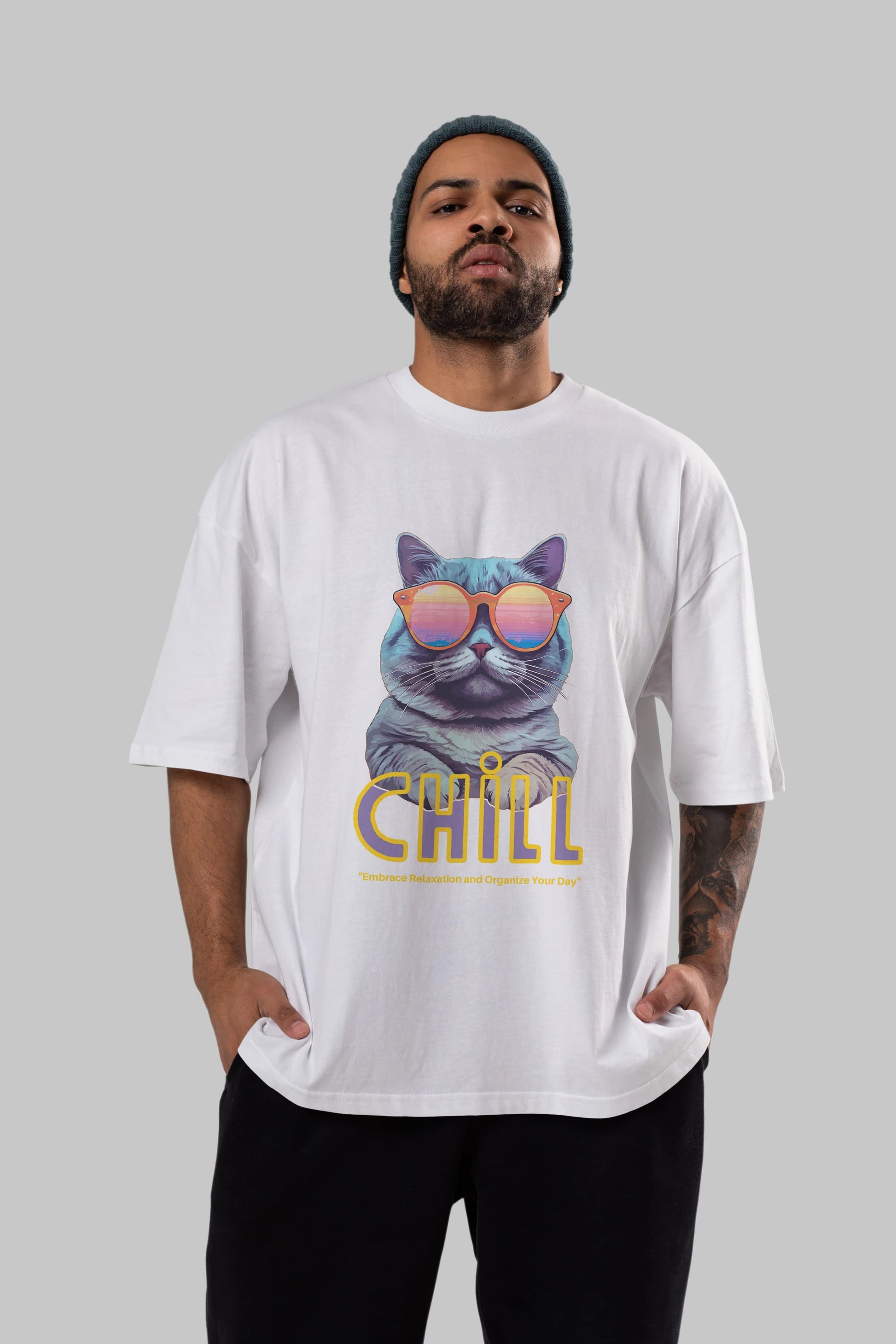 Chill Cat Ön Baskılı Oversize t-shirt Erkek Kadın Unisex