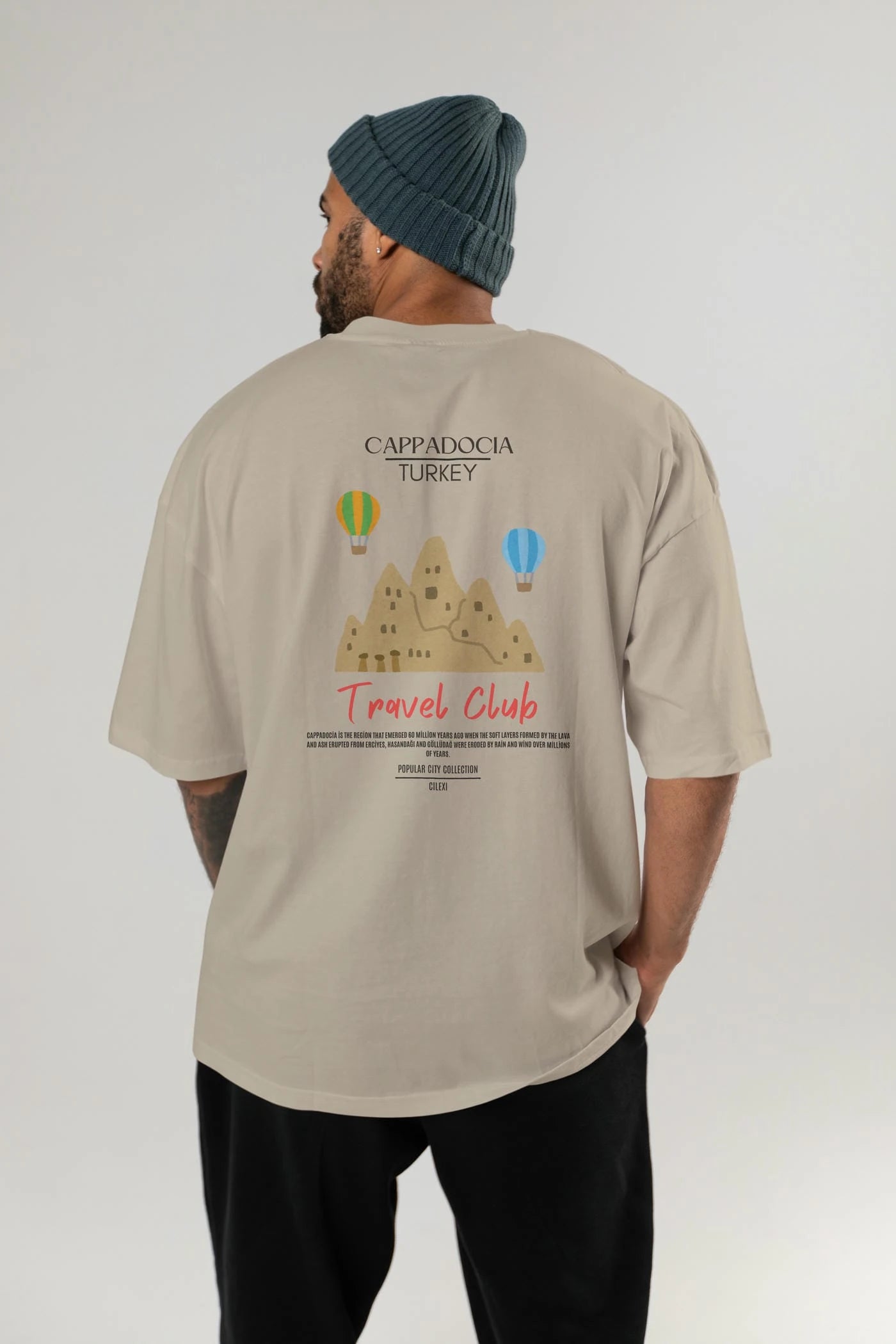 Cappadocia Turkey Arka Baskılı Oversize t-shirt Erkek Kadın Pamuk Bisiklet Yaka tişort