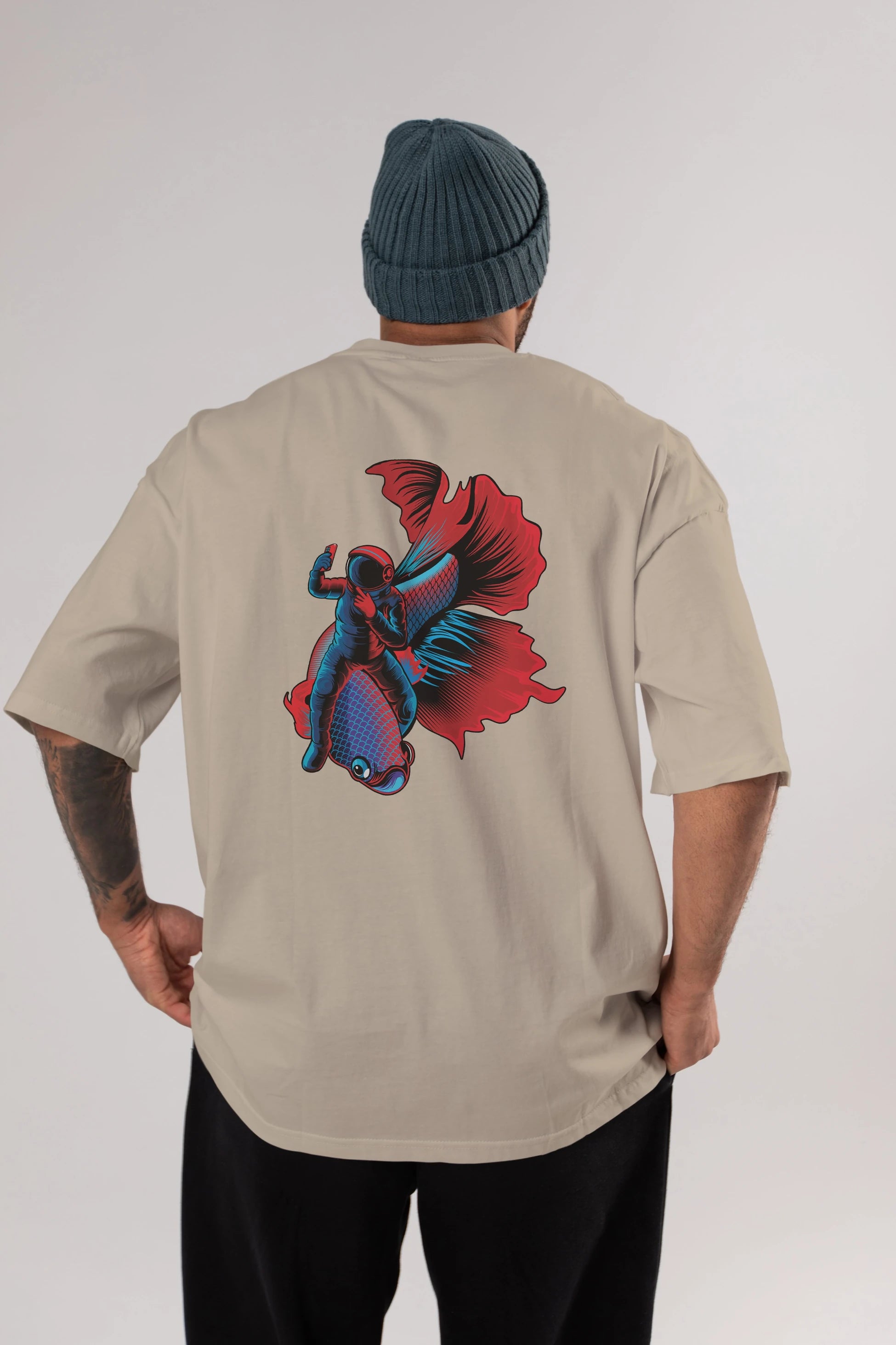Astrofish selfie Arka Baskılı Oversize t-shirt Erkek Kadın Unisex