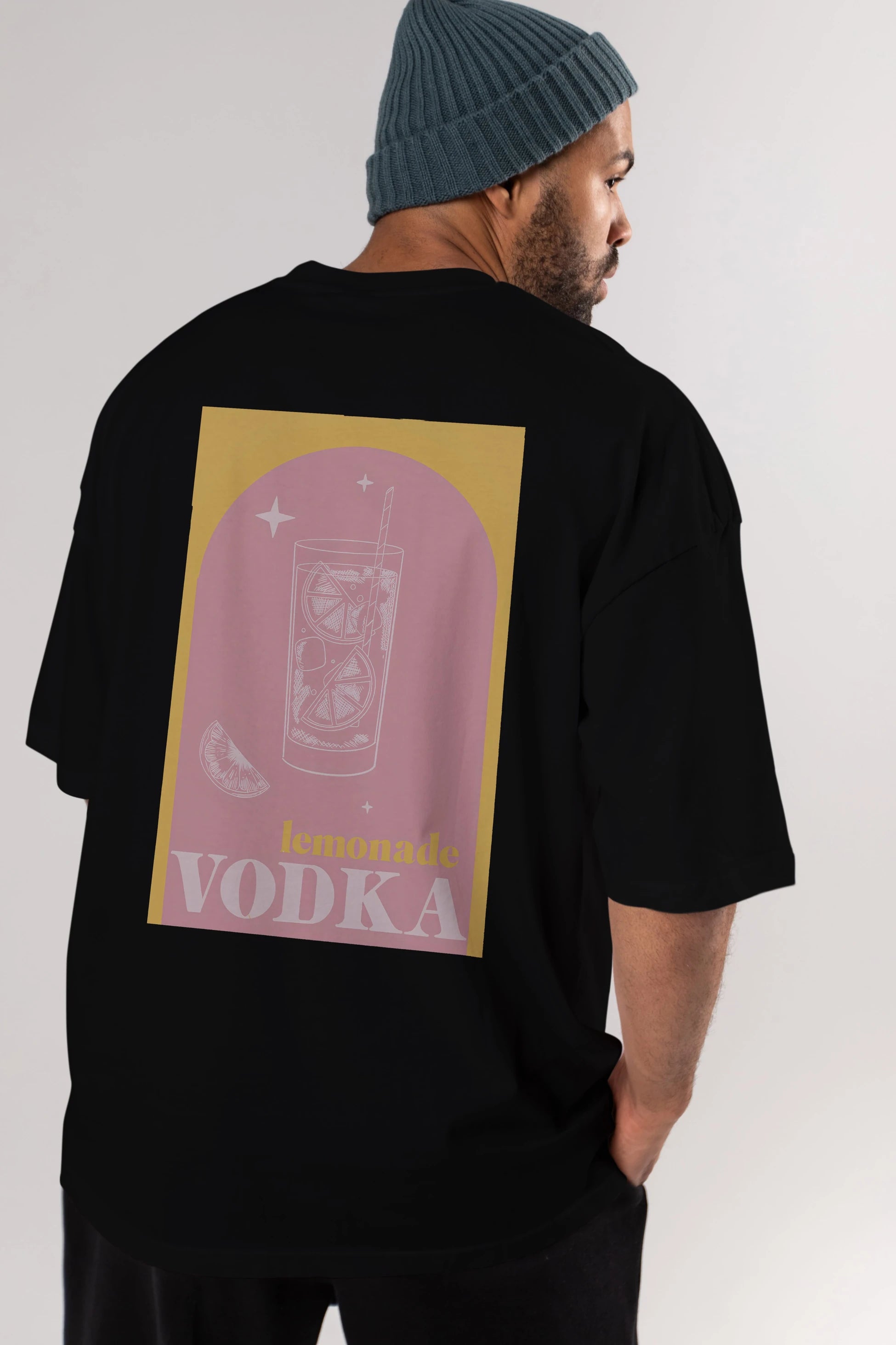 Vodka Limon Arka Baskılı Oversize t-shirt Erkek Kadın Unisex %100 Pamuk Bisiklet Yaka tişort