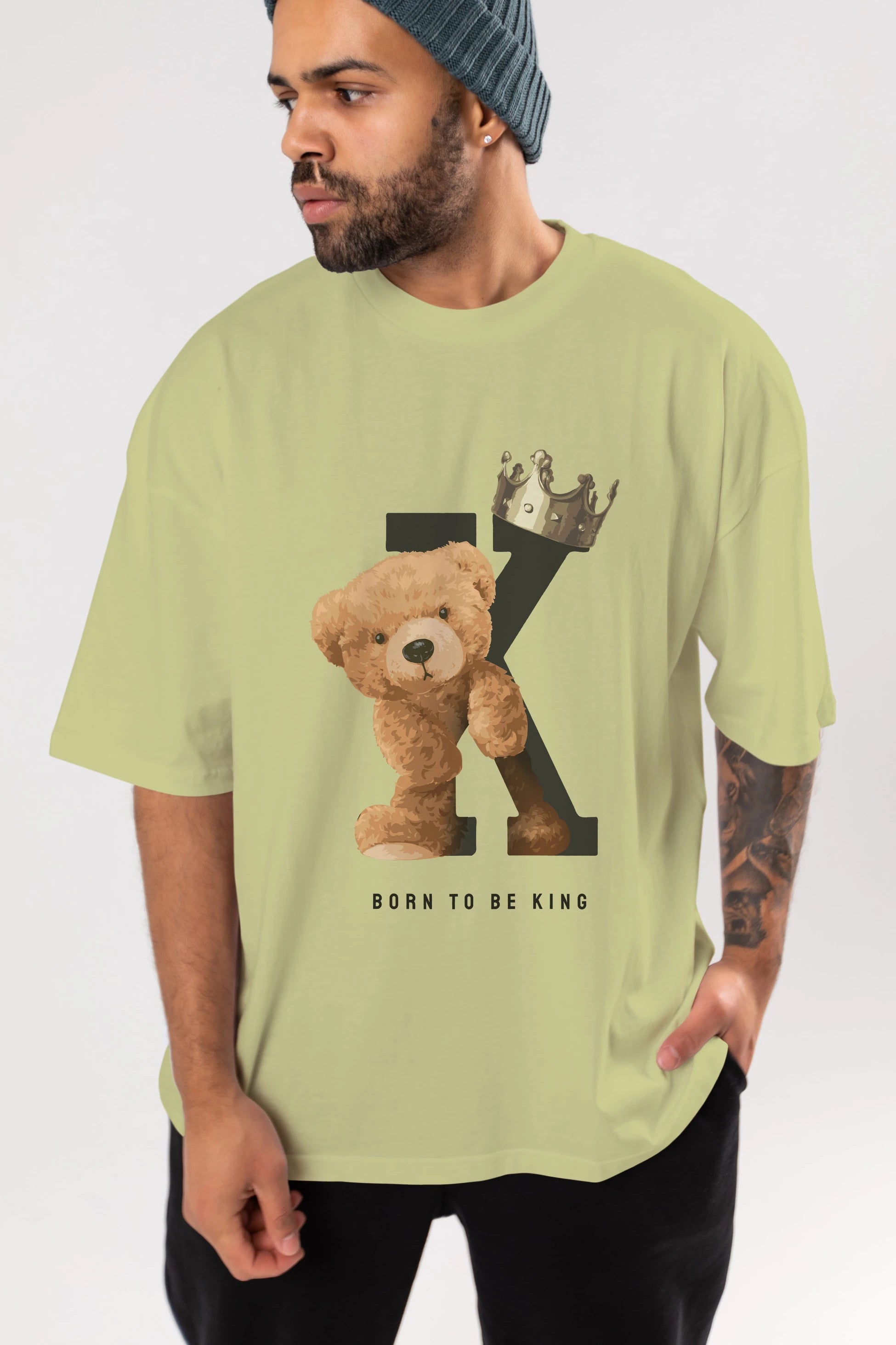 Teddy Bear Born To Be King Ön Baskılı Oversize t-shirt Erkek Kadın Unisex %100 Pamuk