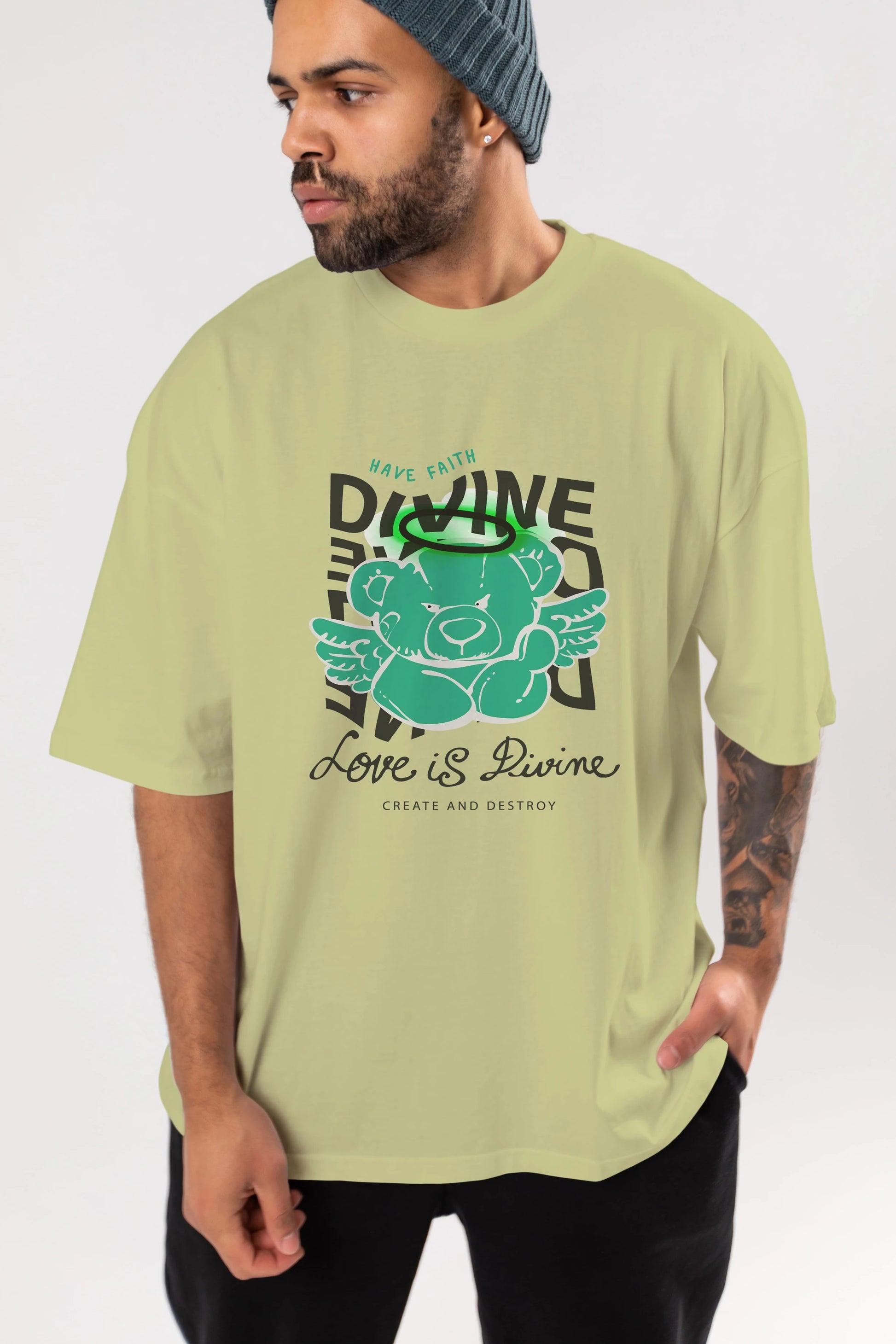 Love is Divine Bear Ön Baskılı Oversize t-shirt Erkek Kadın Unisex