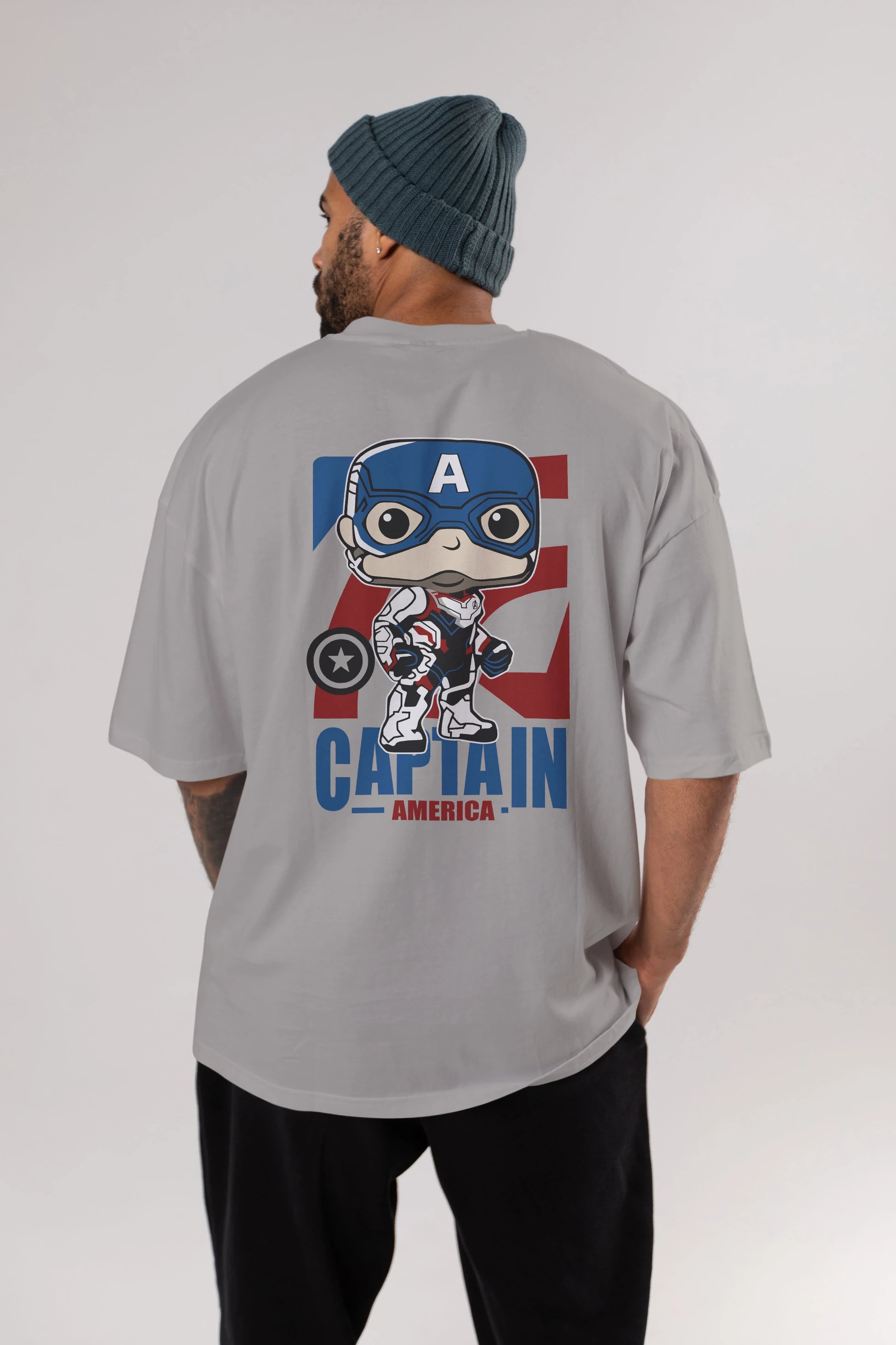 Captain America Arka Baskılı Oversize t-shirt Erkek Kadın Unisex %100 Pamuk Bisiklet Yaka tişort
