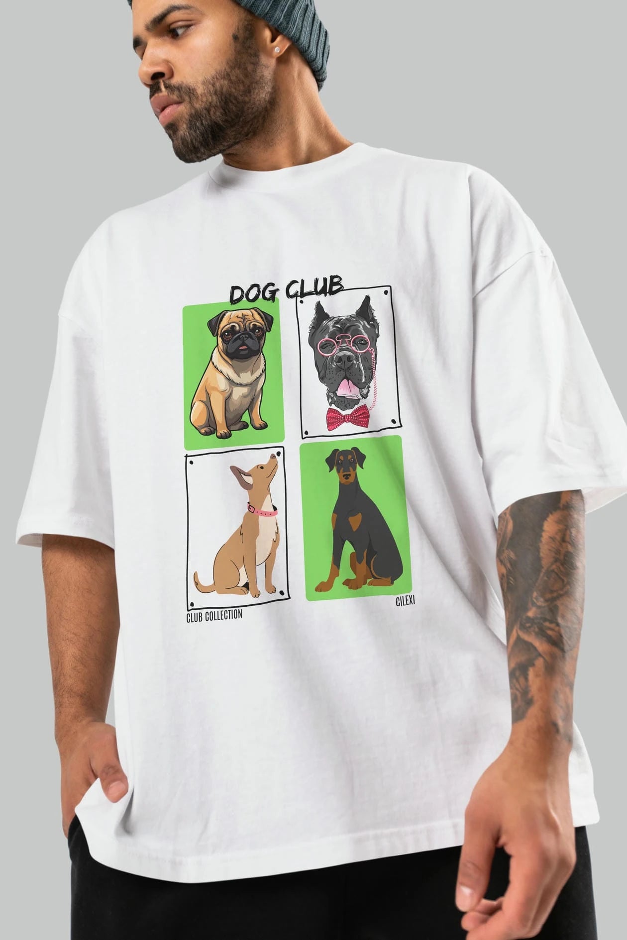 Dog Club ön Baskılı Oversize t-shirt Erkek Kadın %100 Pamuk Bisiklet Yaka tişort