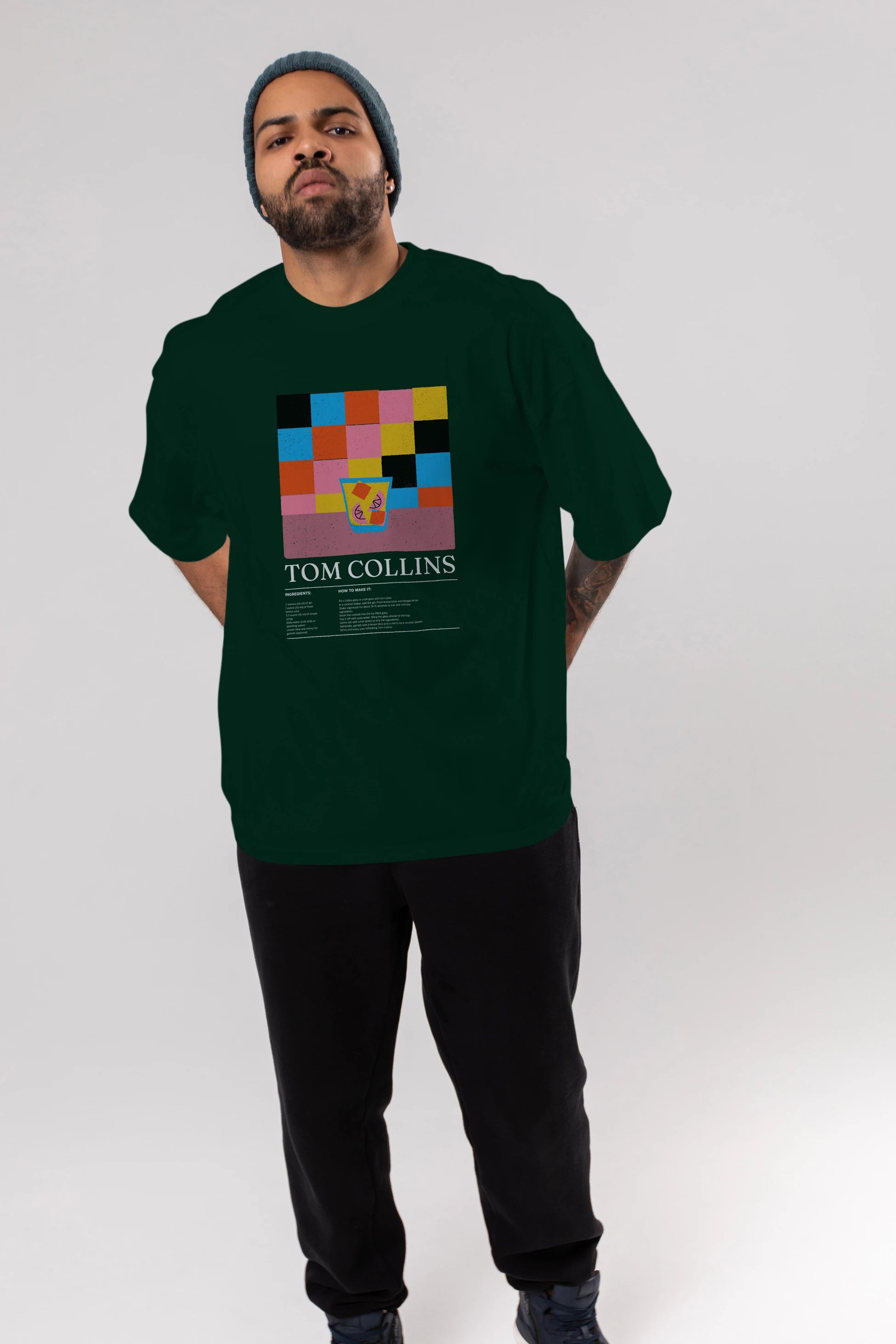 Tom Collins Kokteyl Ön Baskılı Oversize t-shirt Erkek Kadın %100 Pamuk Bisiklet Yaka tişort