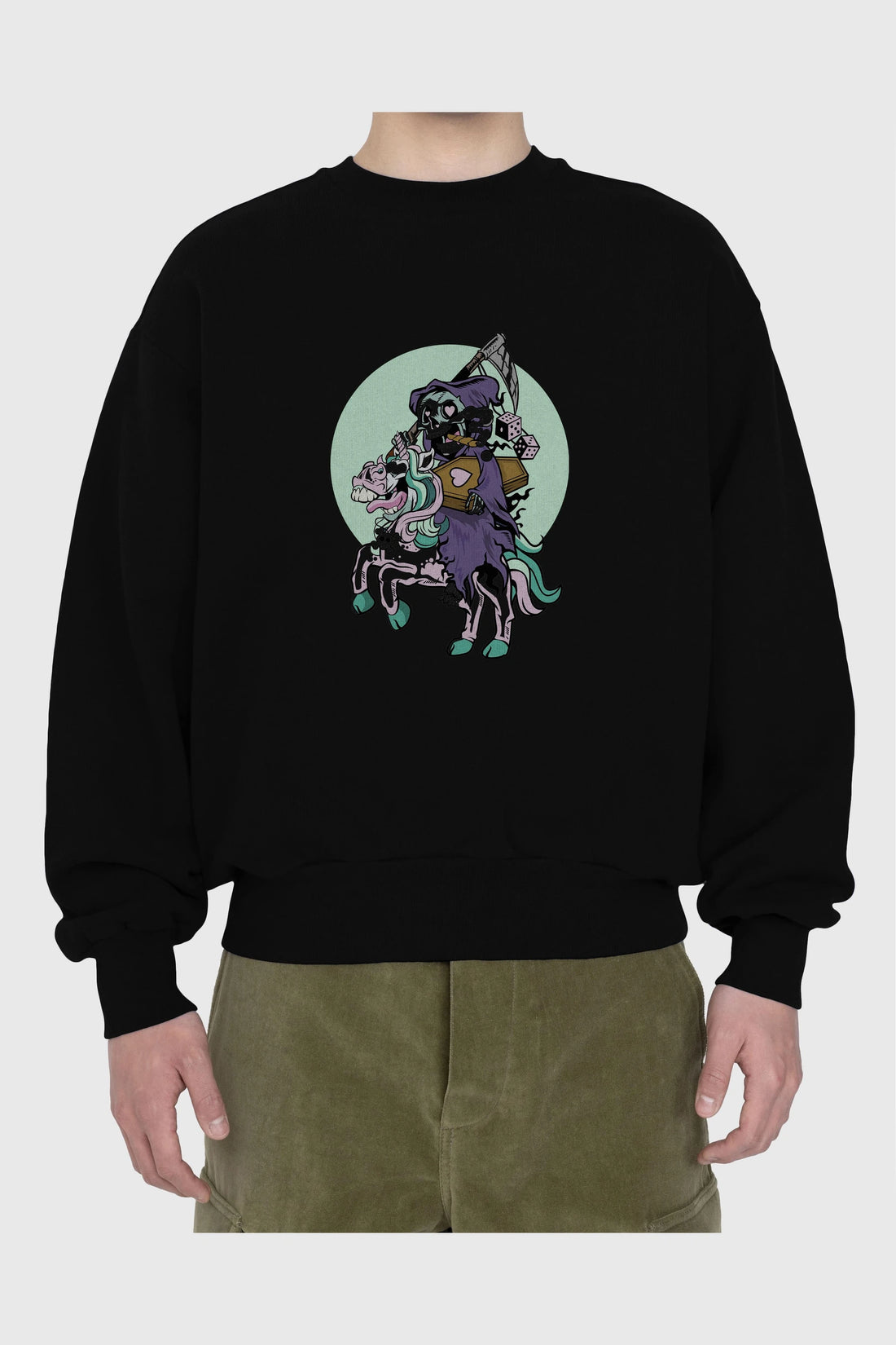 Grim Reaper Riding Unicorn Ön Baskılı Oversize Sweatshirt Erkek Kadın Unisex