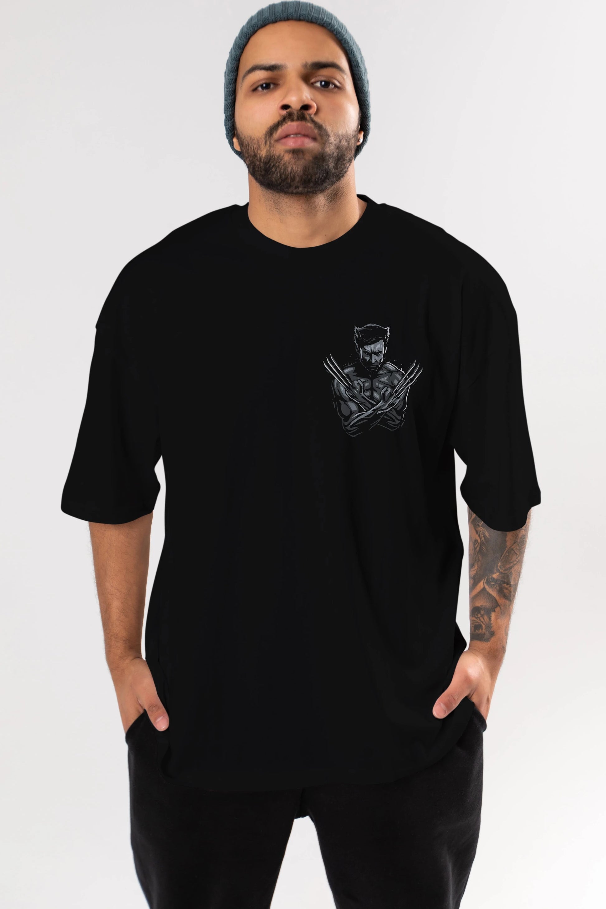 Wolverine Ön Sol Baskılı Oversize t-shirt Erkek Kadın Unisex %100 Pamuk Bisiklet Yaka tişort