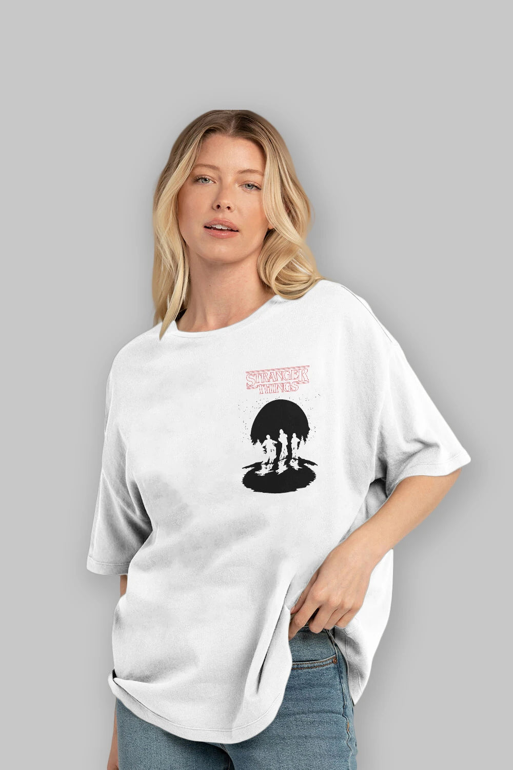 Stranger Things Ön Sol Baskılı Oversize t-shirt Erkek Kadın Unisex %100 Pamuk Bisiklet Yaka tişort