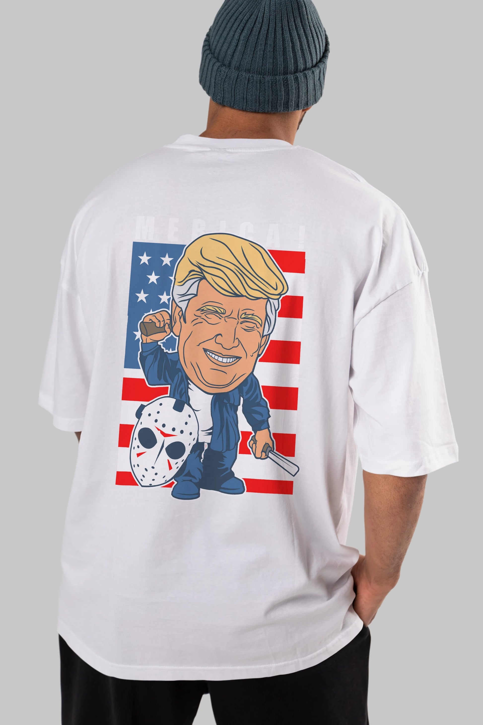 Jason Voorhess Trump Arka Baskılı Oversize t-shirt Erkek Kadın Unisex %100 Pamuk tişort