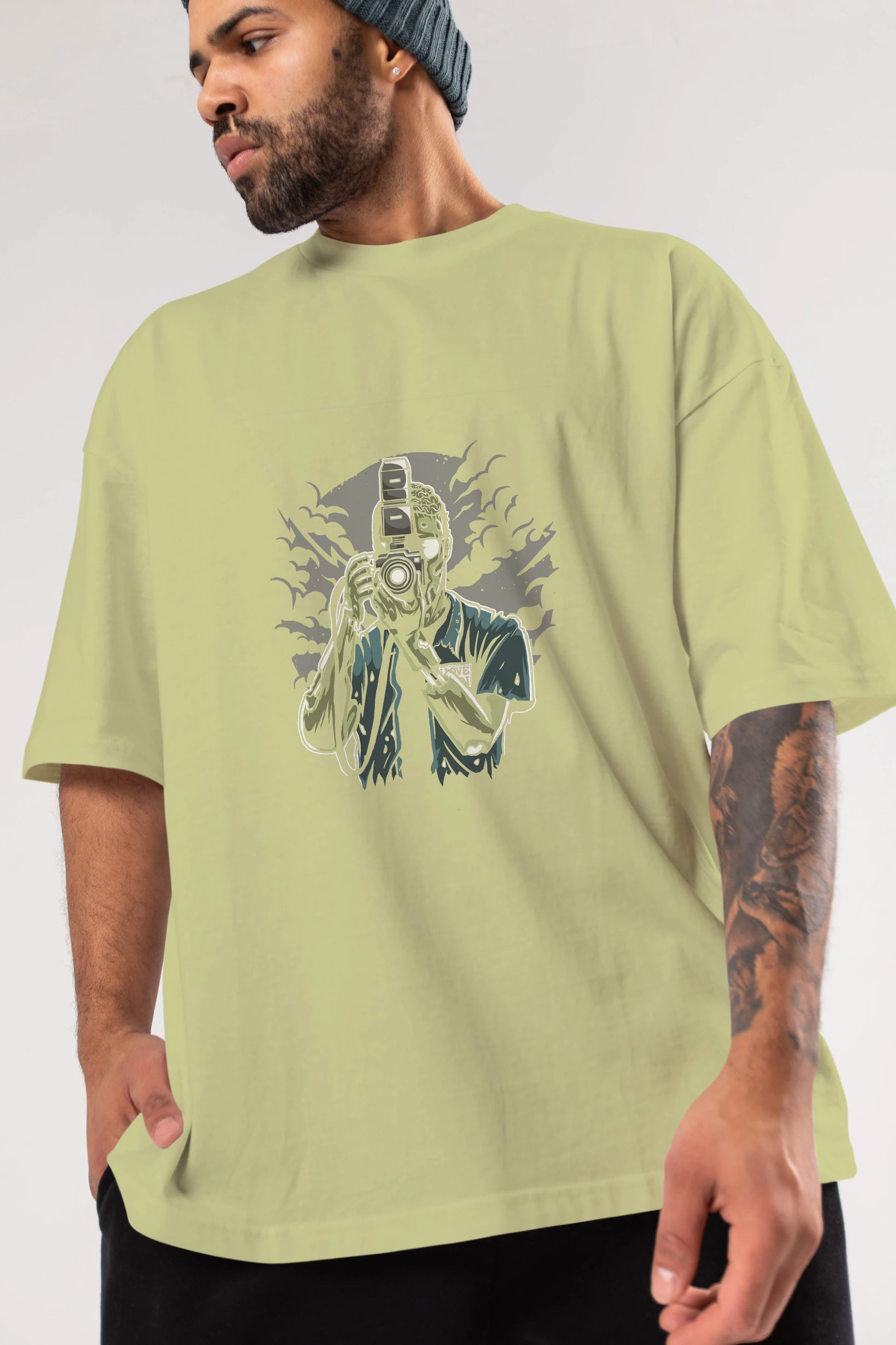 Zombie Photographer Ön Baskılı Oversize t-shirt Erkek Kadın Unisex %100 Pamuk tişort