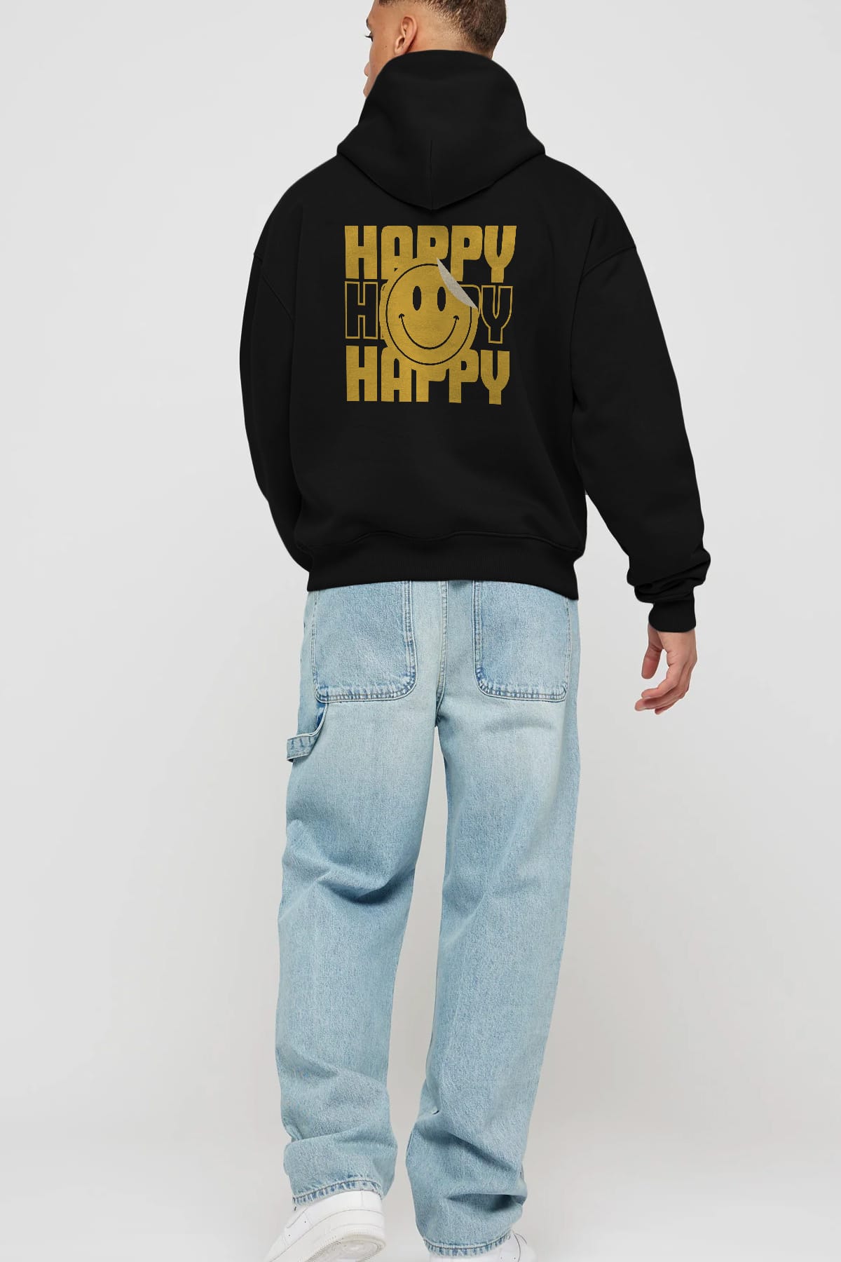 Happy Smile Yazılı Arka Baskılı Oversize Hoodie Kapüşonlu Sweatshirt Erkek Kadın Unisex